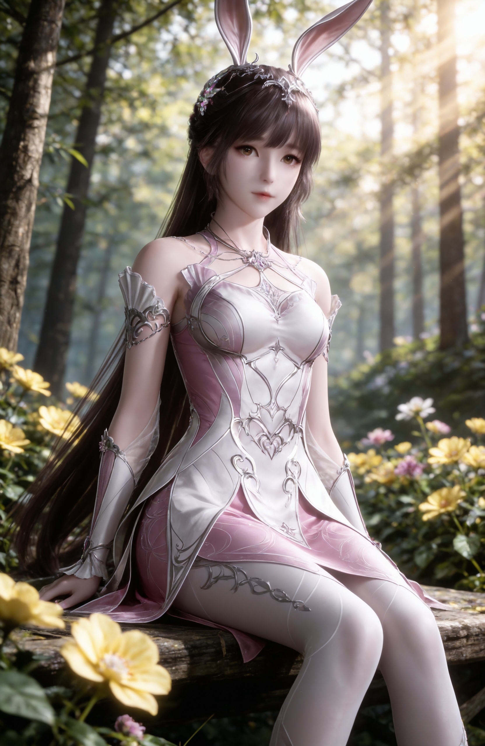 <lora:斗罗大陆-小舞IL2:0.7> 1girl, long hair, brown hair,brown eyes, hair ornament, rabbit ears, pink dress, metal collar, bare shoulders, white pantyhose, high heels, 1girl, flower, sitting, solo, blurry, yellow flower, blurry background, outdoors, sunlight, looking at viewer, nature, depth of field, arms at sides, leaf, tree, light rays, plant, feet out of frame, day,