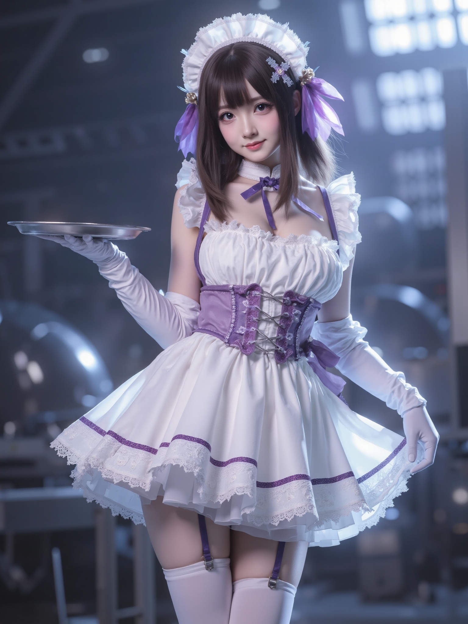 The picture is a highly detailed digital illustration featuring a young woman in a cosplay outfit. She has a slender physique with fair skin, large expressive eyes, and long, straight brown hair styled in a bob with bangs. Her outfit is a white, frilly maid costume with a short skirt and a low-cut bodice, revealing a hint of cleavage. The dress is adorned with delicate lace and trimmed with purple ribbons, adding a touch of elegance. She wears long, white elbow-length gloves and a maid headpiece with a large bow on the right side. The background is a dimly lit industrial setting with metallic structures, giving a futuristic vibe. The lighting is soft and diffused, casting a soft glow on the subject, enhancing her features and the texture of her dress. She holds a tray in her right hand, suggesting she might be serving tea or some other refreshments. The overall aesthetic is whimsical and charming, blending elements of fantasy and elegance. The illustration is rendered in high detail, with a realistic yet stylized art style, typical of anime and manga-inspired art.<lora:YY-超女-女仆装F.1:1>,