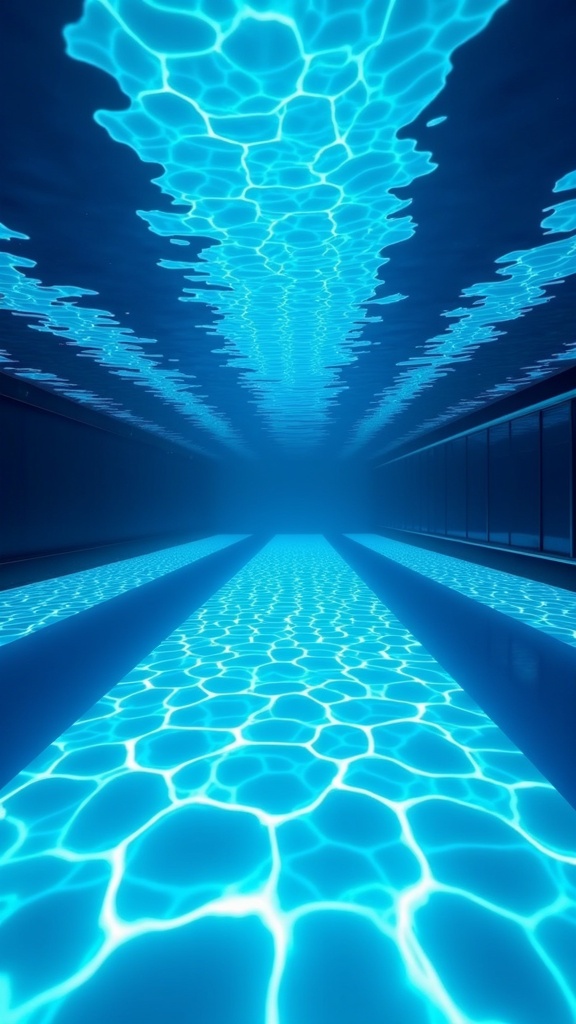 there is a pool with a blue water surface and a light reflecting on the water,tokujin yoshioka,infinity concentric pool,dream pool,rectangular pool,illuminated pool,Leandro Erlich,a pool inside the giant palace,watercore,reflective pool,descend into the deep,infinity pool,a huge glass ****,floating under water,deep under water,inside water,wellness pool,underwater perspective,deep underwater,under water deep sea laboratory,pool caustics,deep clear pools of water,inside an underwater train,aqua volumetric lights,deep blue ocean,greek pool,bright blue glowing water,infinity pool mirrors,depths,partly underwater,underwater ocean,under water scenery,indoor pool,