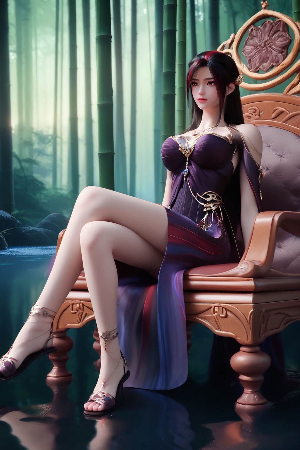 (Seated on a velvet armchair in a cozy library, she loses herself in the pages of a captivating novel:1.2),<lora:XL16神国之上赵襄儿黑纱:0.95>,miss zhaoxianger,black corset gown,brown eyes,black hair,red streaked hair,very long hair,hair ornament,jewelry,strappy purple high-heel sandals,(large breasts:1.2),bamboo forest,water,river,stone,, score_9,score_8_up,score_7_up,score_6_up,score_5_up,score_4_up,3d rendering,tag1,tag2, Cinematic Lighting,backlighting,