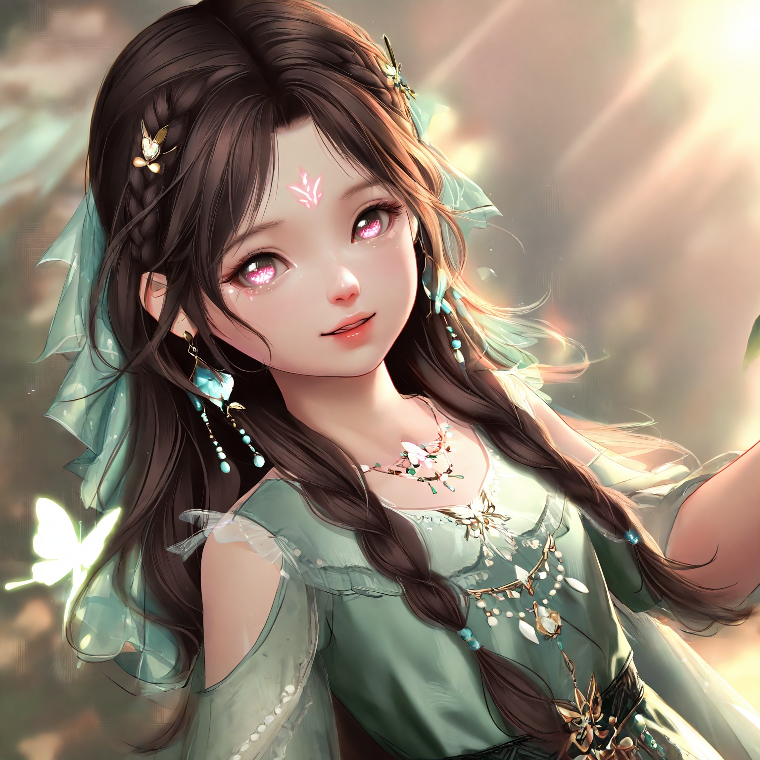 masterpiece,very aware,highres,absurdres,newest,best quality,loli,petite,high quality,chromatic_aberration,cinematic_angle,dutch angle,//,loli,1girl,forehead_mark,facial_mark,bug,butterfly,brown_hair,upper_body,solo,green_dress,long_hair,dress,hair_ornament,jewelry,teeth,smile,light_rays,earrings,from_side,looking_at_viewer,necklace,shoulder_cutout,braid,parted_lips,glowing_butterfly,light,clothing_cutout,//,official art,depth of field,detailed light,blurry background,best shadow,shiny skin,cinematic lighting,ray tracing,amazing quality,very aesthetic,absurdres,beast quality,ultra detailed,newest,8K,HDR,//,<lora:touxiang22——【noob】hans:1>,