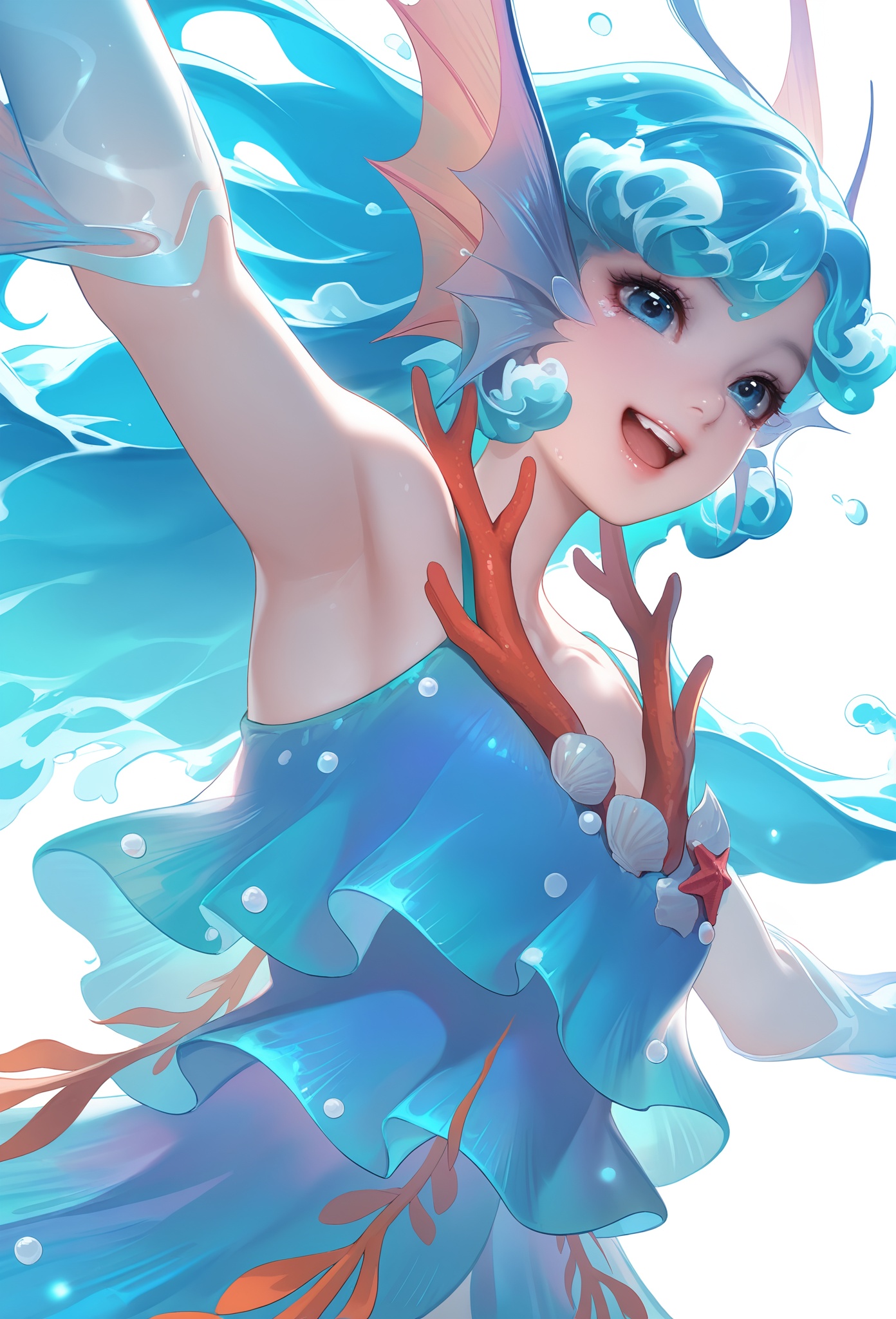 Kuze\(dly\)\(wzry\),white background,simple background,masterpiece,best quality,amazing quality,happy,(realistic:1.2),1girl,solo,upper body,front view,look at viewer,mermaid,blue hair,blue eyes,blue dress,pearl on dress,starfish on dress,seaweed on dress,shell on dress,gradient elbow gloves with fin,fin ears,