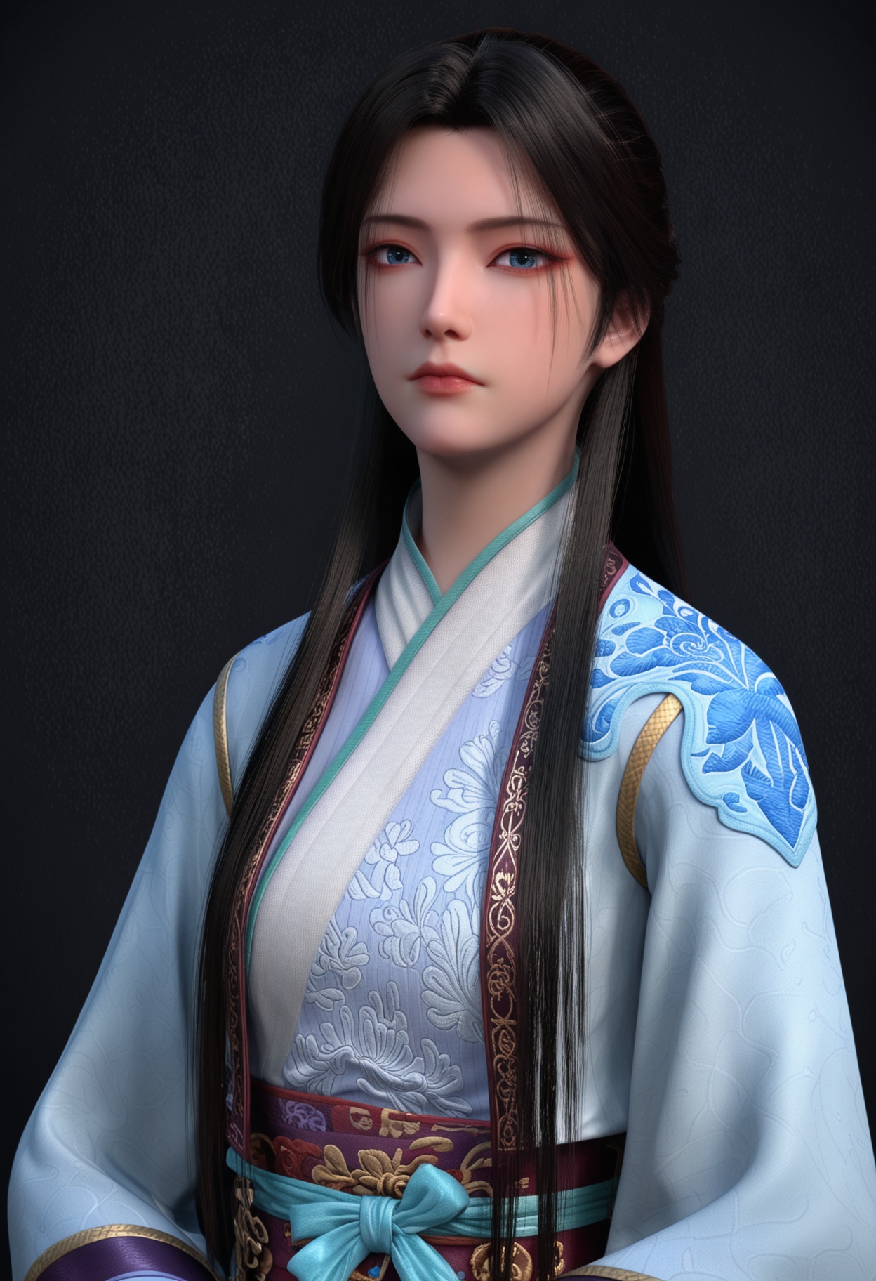 score_9,looking_at_viewer,upper body,(large breasts:0.8),1girl,solo,black hair,long hair,chinese clothes,realistic,closed mouth,blue eyes,lips,hanfu,long sleeves,expressionless,dress,sash,high heels,(simple background,pure black background,black background:1.1),perfect_anatomy,<lora:QQSponyylqiangweiV1:0.8>,