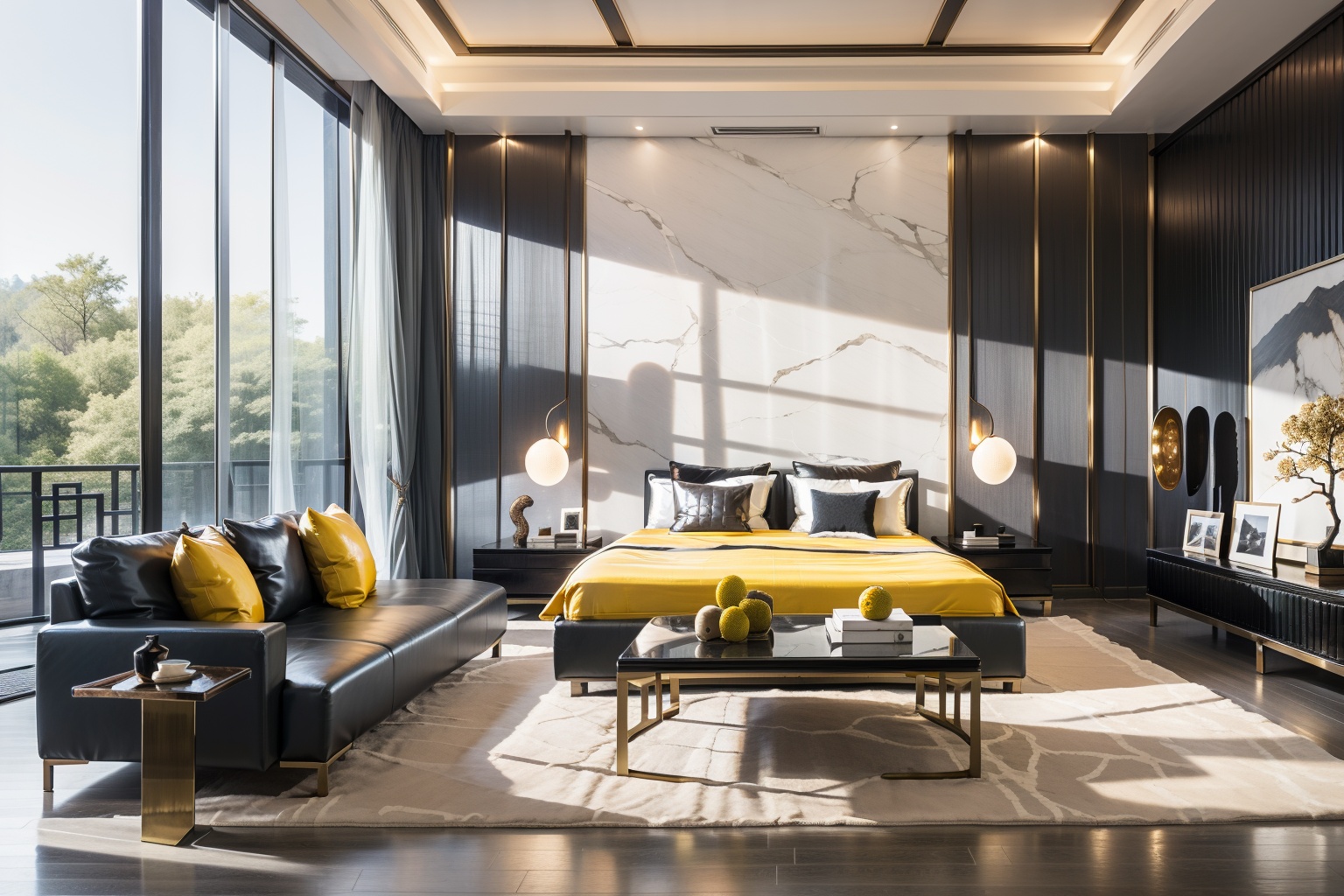 Lao Chen Jingdian, bed, scenery, no humans, tree, window, table, book,interior design, living room, masterpiece,best quality,unreal engine 5 rendering,movie light,movie lens,movie special effects,detailed details,HDR,UHD,8K,CG wallpaper,Modern Luxury Art Colors, Yellow Classic 