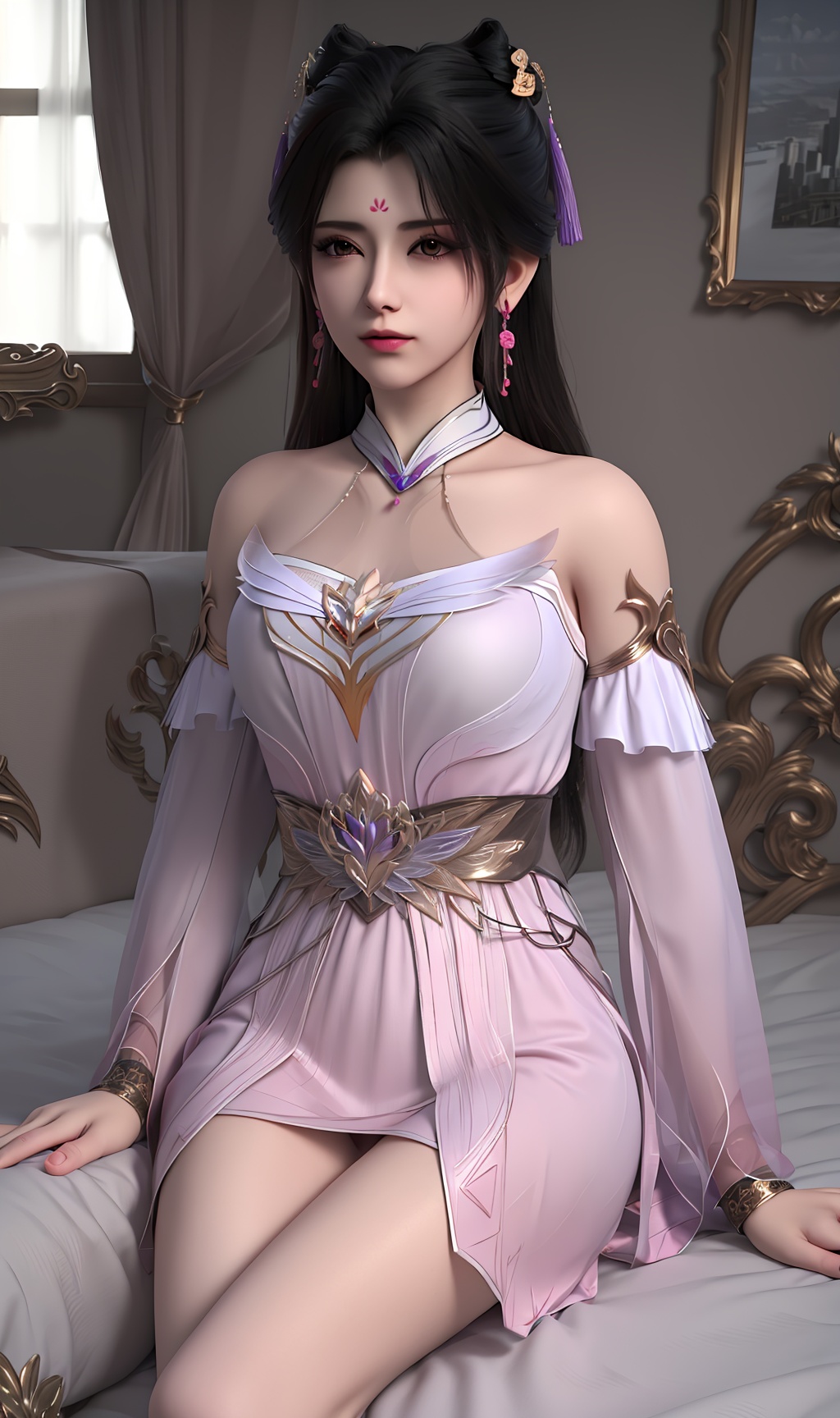 3D,masterpiece,(best quality),(makeup),official art, extremely detailed cg 8k wallpaper,((crystalstexture skin)), (extremely delicate and beautiful),(highly detailed),(face),(collar),(long_sleeves),(1girl), (solo), (jewelry), (earrings),(black_hair),(long_hair),(hair_ornament),(handwear),(breasts),(sitting),(upper_body),(long_legs),(closed_mouth),(off-shoulder_dress),(skirt),,(chinese_clothes),(multicolored_clothes),(multicolored_dress),(shiny_clothes),(bare_shoulders),(city,indoor,bed),(wristband),,((looking_at_viewer)),((Facing the camera)),, <lora:hipoly3DModelLora_v10:0.3>