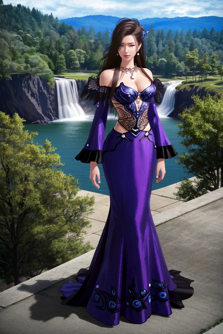 ((HRD, HUD, 8K)),((masterpiece, best quality)), highly detailed,1girl, solo, hair ornament, brown hair, black hair, long hair, brown eyes,necklace, jewelry, earrings, breasts, cleavage, bare shoulders, detached sleeves, dress, purple dress, simple background, mountain, waterfall, full body, long legs, standing, looking at viewer, <lora:20240525-1716650918118:0.73>