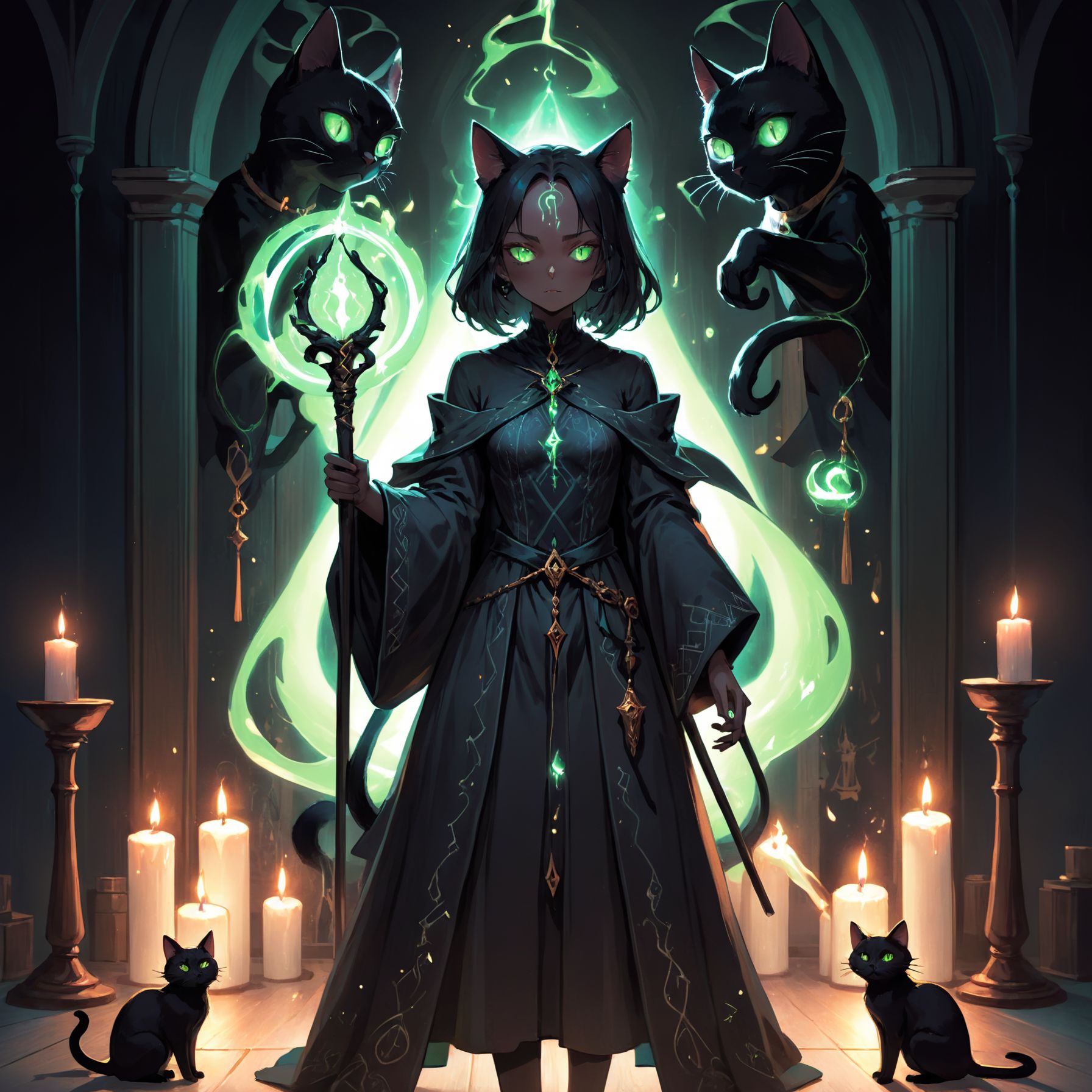 Illustration of a mysterious figure standing in a dimly lit room,  surrounded by flickering candles and holding a magical...