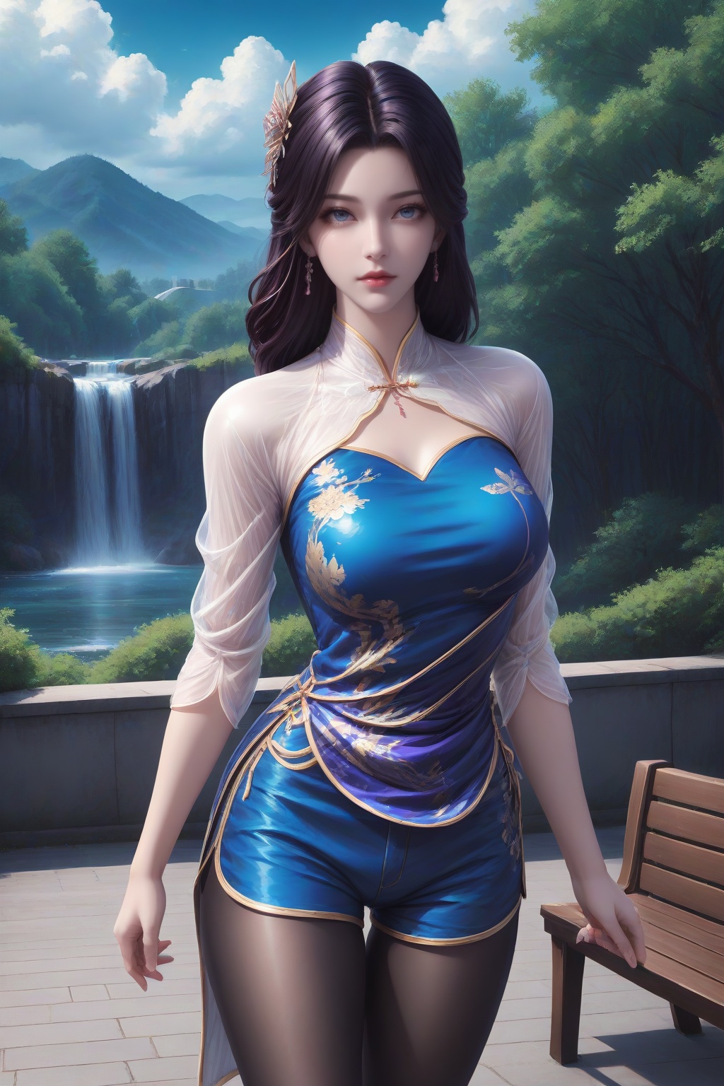 <lora:yunxi_v3:0.6>,earrings,necklace,yunxi,1girl,solo,hair ornament,lips,lipstick,closed mouth,red lips,shiny hair,shiny,looking at viewer,dynamic pose,standing,walking,leaning back,arm support,(outdoors,day,waterfall,sky,cloud,park,park bench,lamppost,),masterpiece,highres,absurdres,best quality,8K,high-res detailed,(china dress:1.2),(chinese clothes:1.2),(puffy_shorts:1.2),looking at viewer,dynamic pose,shadow,outdoors,wall,sky,blue sky,cloud,<lora:DetailedEyes_V3:0.5>,<lora:sh-glossy_r2:0.5>,black_pantyhose,<lora:LegLength&Muscular_400steps:1.5>,(cowboy shot:1.2),