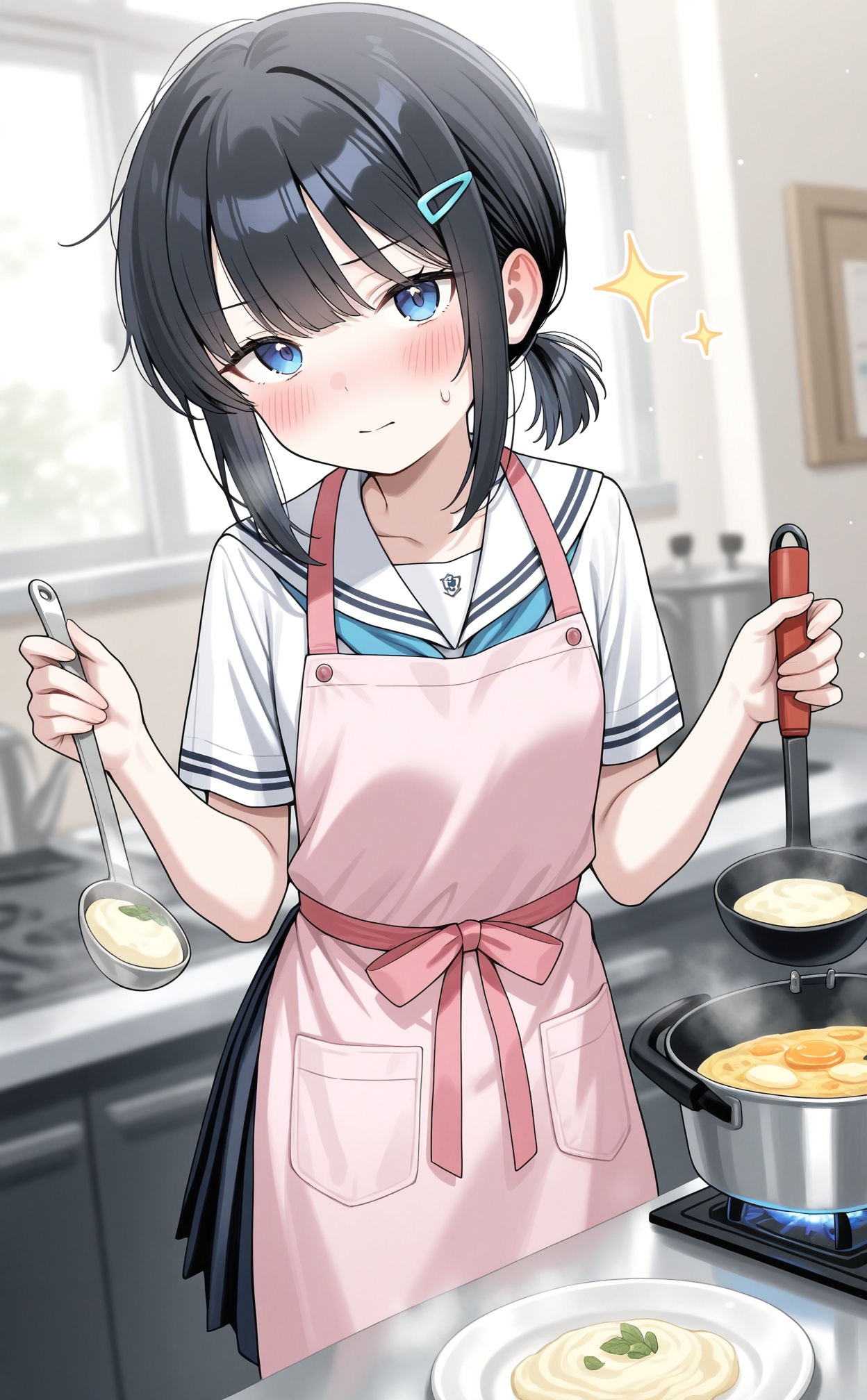 masterpiece,absurdres,best quality,((petite)),loli,high quality,chromatic_aberration,shiny_skin,//,1girl,solo,spoon,apron,black hair,holding spoon,school uniform,sailor collar,blue eyes,blush,blurry background,hair ornament,holding,serafuku,food,looking at viewer,white sailor collar,frills,hairclip,blue neckerchief,blurry,indoors,kitchen,cooking,pink apron,closed mouth,skirt,short sleeves,pleated skirt,neckerchief,sidelocks,short ponytail,ponytail,sweatdrop,collarbone,shirt,white shirt,stove,sparkle,frying pan,medium hair,cooking pot,hands up,black skirt,ladle,