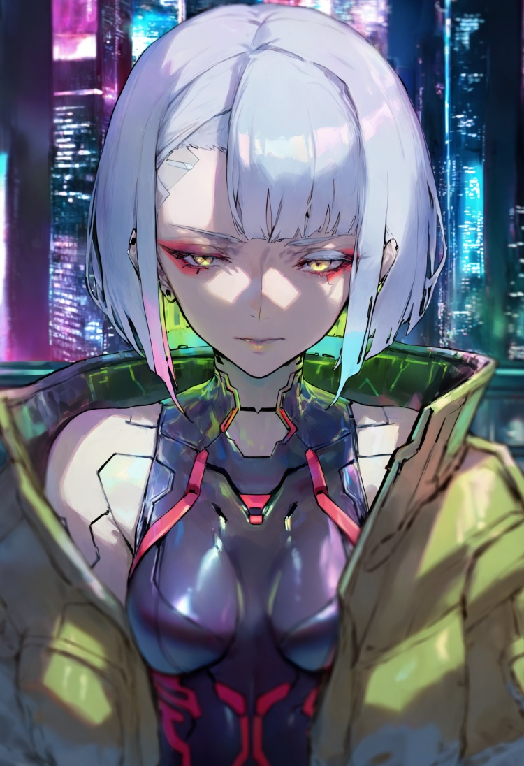 best quality, masterpiece, lucy \(cyberpunk\), 1girl, solo, bangs, jacket, upper body, short hair, red eyeliner, open clothes, white hair, bodysuit, multicolored hair, parted lips, cyberpunk, yellow jacket, parted bangs, open jacket, city, breasts, makeup  <lora:rsefXLlokr4f-000143:0.95>