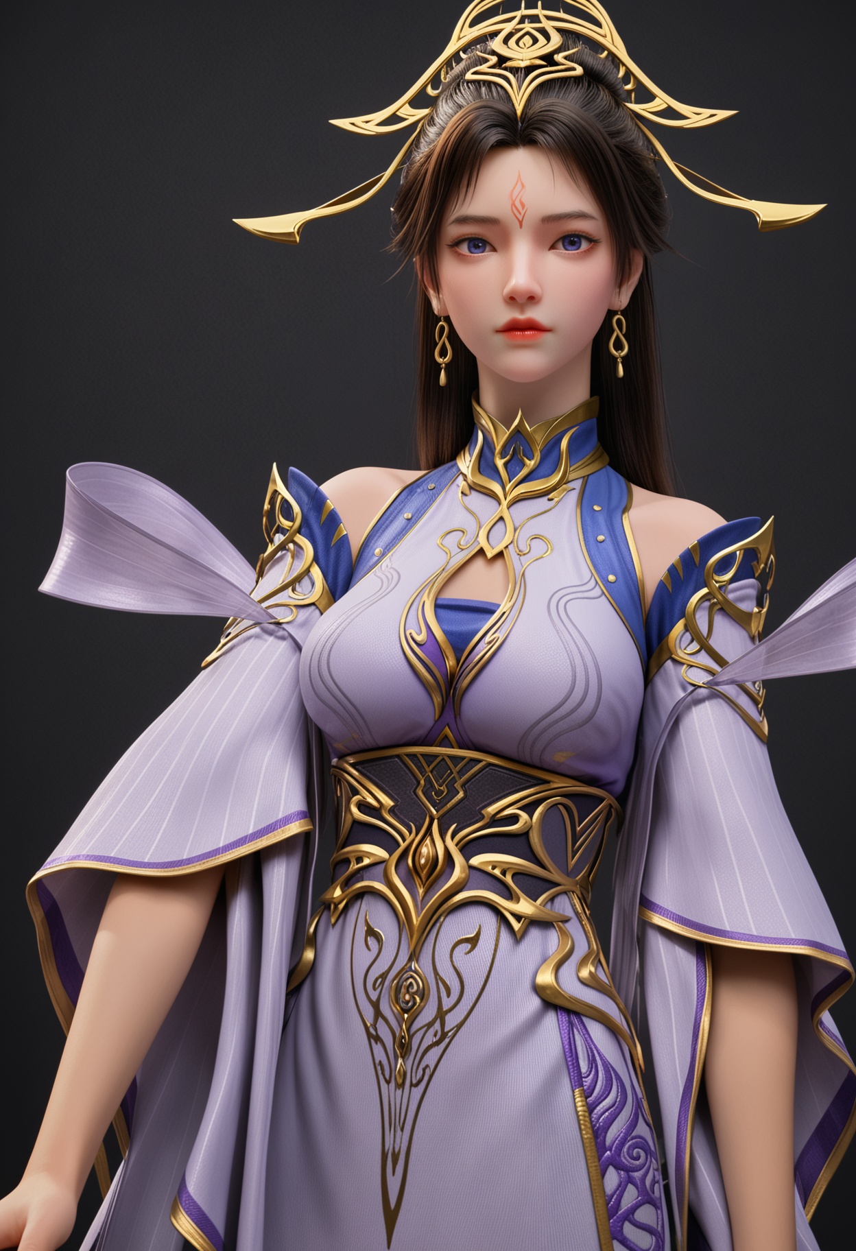 (upper_body:1.2),score_9,score_8_up,masterpiece,(best quality),intricate details,facing viewer,(looking at viewer:1.1),<lora:YQ_pony_chuxuaner_fuzhaung4_V4:0.8>,q1528437228,1girl,solo,long hair,hair ornament,jewelry,earrings,black hair,dress,forehead mark,blue eyes,brown hair,detached sleeves,hair bun,chinese clothes,sash,wide sleeves,high heels,pantyhose,ponytail,long sleeves,shoes,black pantyhose,purple eyes,stiletto heels,blue footwear,BREAK(score_9:1.2),(score_8_up:1.2),masterpiece,best quality,very aesthetic,perfect anatomy,(hourglass),perfect face,(simple background,pure black background,black background:1.1),fair_skin,(shiny_skin:1.1),Ivory_skin,