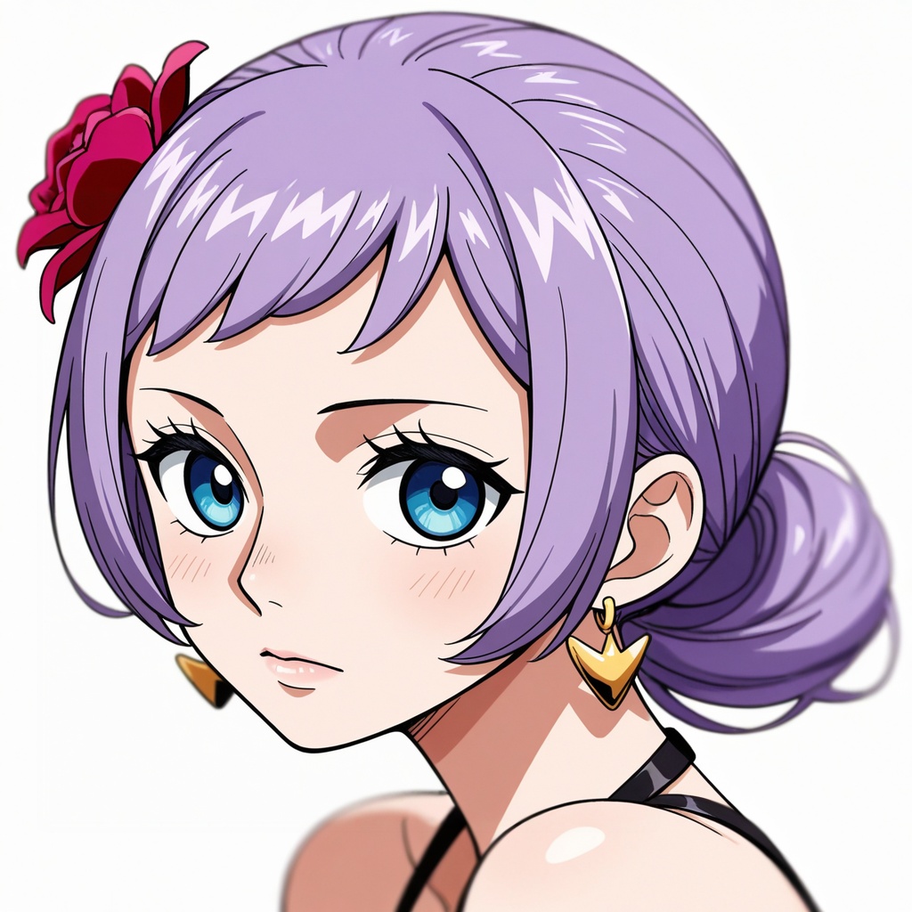 depth of field,masterpiece,best quality,very aesthetic,alternate costume,alternate costume,2024,2023,perfect composition,ultra-detailed,extreme aesthetic,masterpiece,best quality,good quality,newest,year 2024,year 2023,very aesthetic,absurdres,looking_at_viewer,colorful,<lora:卡莉娜:0.6>,Carina one piece,Carina\(one piece\),purple hair,blue eyes,short hair,hair ornament,hair flower,white_background,simple background,looking_at_viewer,bare shoulders,portrait,