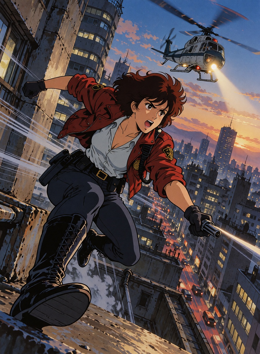 An ***** female undercover police officer with short dark hair leaping between two rooftops during a high-speed pursuit,...