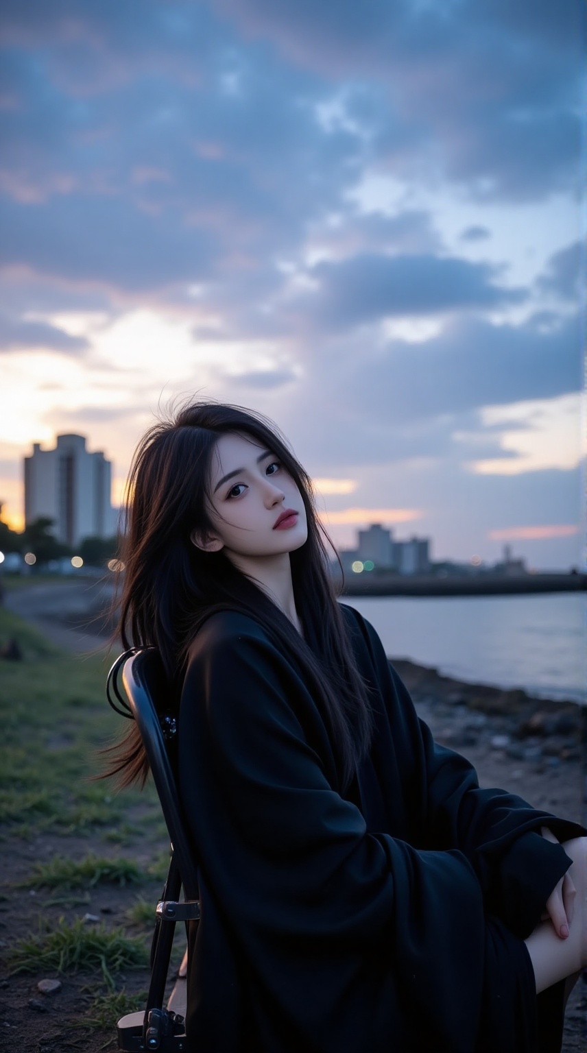 beauty,Dark Goddess,sad,This is a photo taken during a peaceful and contemplative moment at sunset. The subject of the ***** is a young woman with long dark hair,who appears to have East Asian ancestry. She sat on the beach,wearing a black long sleeved jacket that contrasts sharply with the soft tones of the background.,The background features a stunning sunset,with color gradients ranging from warm orange and yellow near the horizon to cooler blue and purple higher up. The sky is filled with slender clouds,some of which are illuminated by the sunset,producing a soft diffuse light. The blurred horizon suggests a prolonged exposure,which adds to the dreamy and peaceful atmosphere.,In the distance,blurry outlines of buildings and possibly trees can be seen,indicating whether it is an urban or suburban environment. The ground under the chair is covered with a mixture of grass and soil,adding texture and depth to the scene. The overall mood of the photo is calm and introspective,with the subject's expression implying a sense of calmness or satisfaction.,