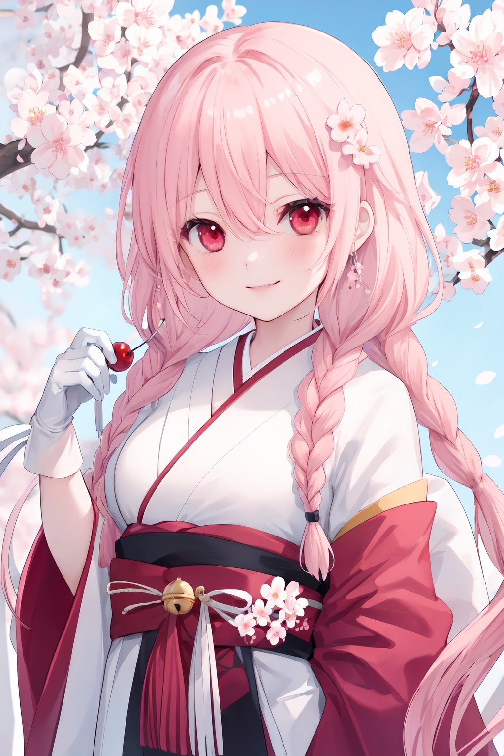 1girl, pink hair, bell, solo, braid, cherry blossoms, smile, long hair, red eyes, gloves, jingle bell, white gloves, looking at viewer, holding, hair ornament, twin braids, upper body, japanese clothes, branch, flower, bangs, hair between eyes, bright eyes, clear eyes, mi-style
