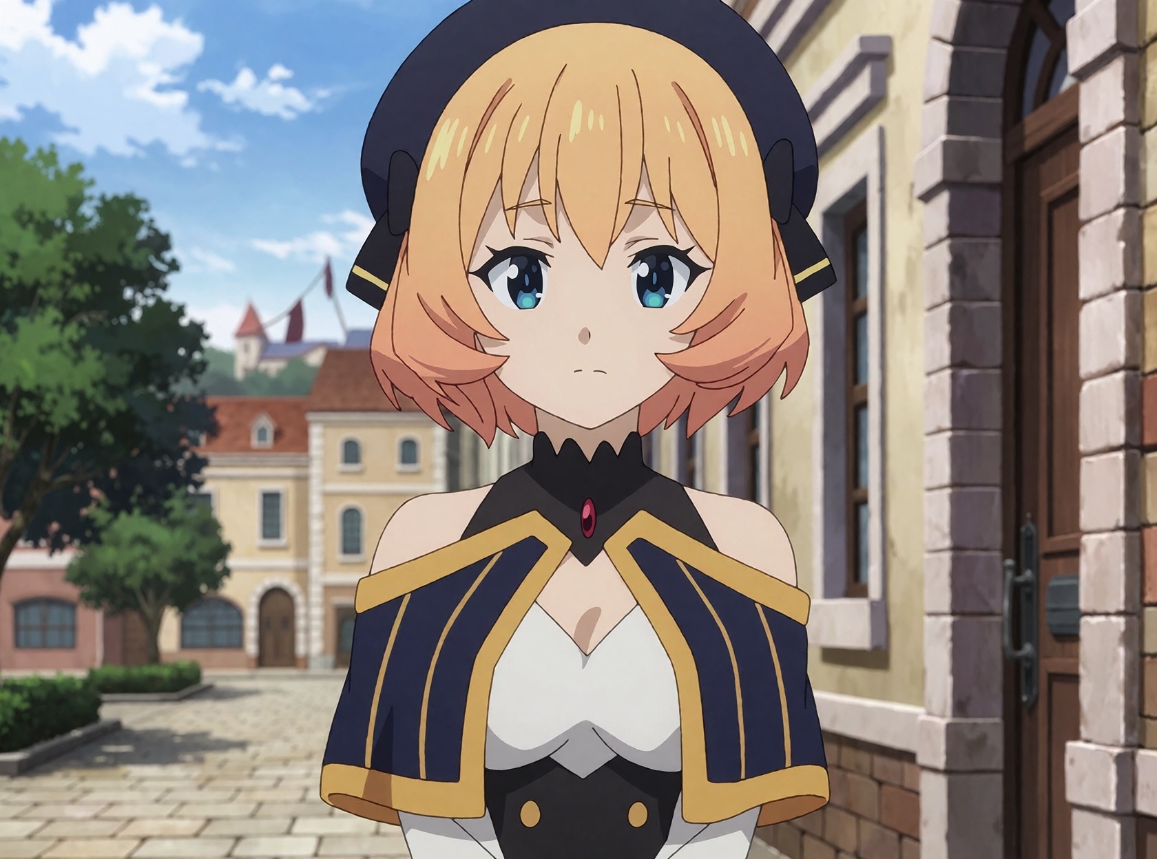 Rain from KonoSuba,  an ***** woman,  is framed from about the waist up on a sunlit town street. Her short blonde bob sits...