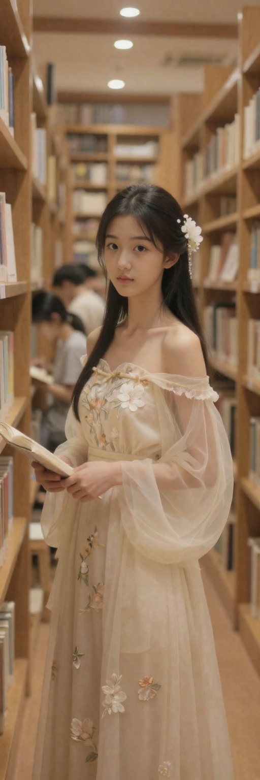 <lora:20260302_TinZITSharpnessSliderLora_v1_000000120:-2>, A photograph captures a serene, narrow library aisle lined with wooden bookshelves. A young Asian woman with fair skin, long black hair, and delicate features stands in the foreground. She wears an off-the-shoulder, cream-colored gown with intricate floral embroidery and sheer, flowing sleeves. Her attire and hair adorned with white floral accessories evoke a soft, ethereal aesthetic. The background reveals other patrons, also engaged in reading, adding to the tranquil, scholarly atmosphere. Warm, ambient lighting enhances the cozy, intellectual ambiance of the library. 