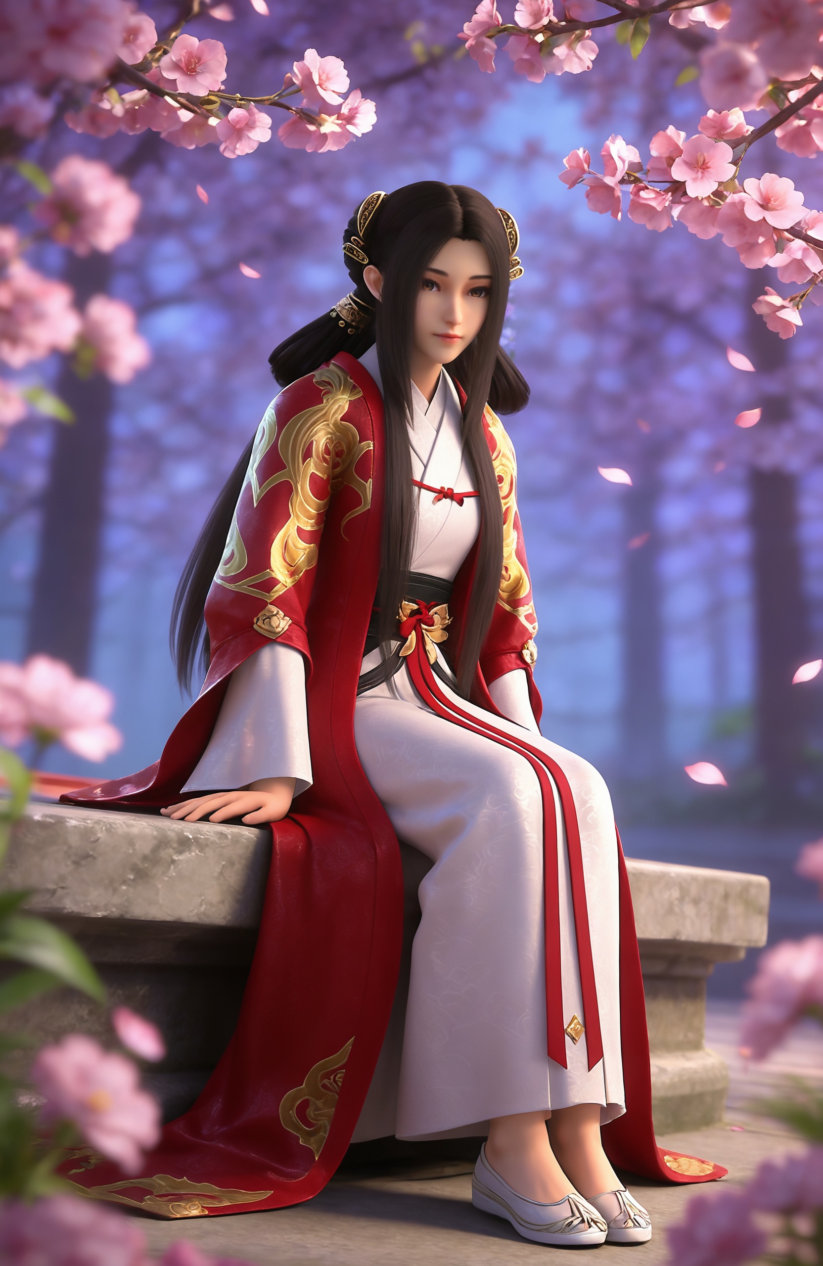 <lora:完美世界-秦怡宁Pony:0.8> 1girl, long hair, hair ornament,  brown eyes,black hair, hair rings, long sleeves, chinese clothes,  red robe,white dress,sash,white footwear,, stairs,pink flower,bare legs,toes,barefoot,blurry,sitting,full body,
