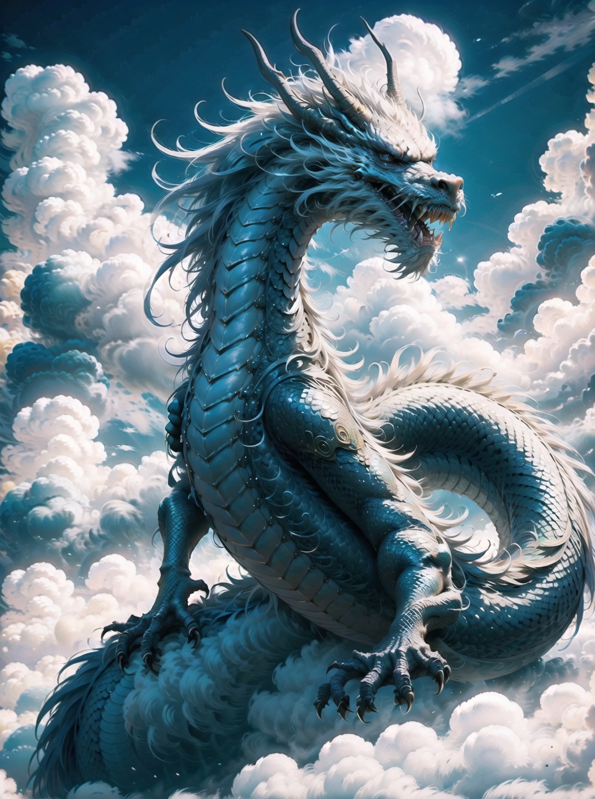 no humans,chinese dragon, cloud,  sky, ((masterpiece, best quality)), dream like,magnificent, render, uhd image, best quality, 8k resolution, dynamic pose, uniform body,