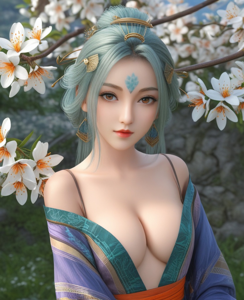 <lora:571-DA-XL-眷思量-奉眠:0.8>(,1girl, ,best quality, ),looking at viewer,  ,ultra detailed background,ultra detailed background,ultra realistic 8k cg,, ,masterpiece, (( , )),, ,      ,  orange blossoms,  (cleavage), (), ,,