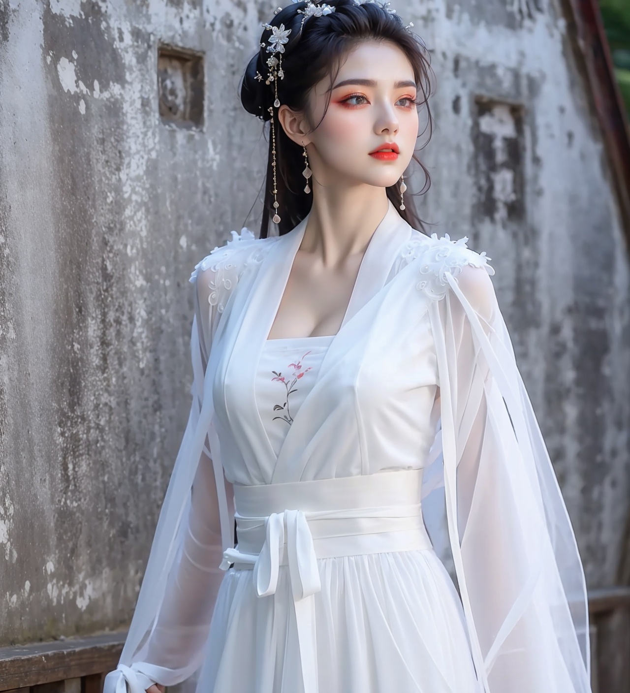 1girl,jewelry,red_lips_,lipstick,applying_makeup,eye makeup,black hair,solo,<lora:汉服眼妆1.3:0.5>,diamond drop earrings,standing,forest,upper_body,dress,hanfu,plump breasts,<lora:汉服白色吊带汉服1.1:0.8>,chest,cleavage,embroidery,white long upper shan,