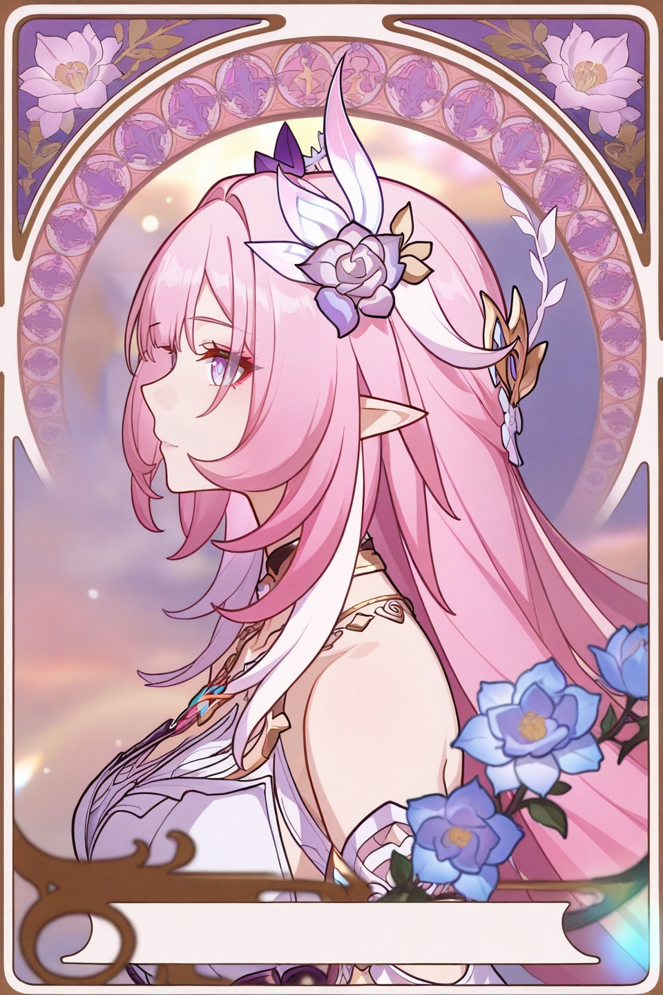 <lora:夏穆风·滤镜·ILL:0.8>,<lora:大昔涟:0.8>,xilian,1girl,long hair,pink hair,hair ornament,pointy ears,pink eyes,very long hair,elf,purple eyes,elysia \(honkai impact\),art nouveau,long hair,1girl,profile,jewelry,flowers,hair ornament,necklace,solo,from side,depth of field,masterpiece,best quality,very aesthetic,alternate costume,alternate costume,2024,2023,perfect composition,ultra-detailed,extreme aesthetic,masterpiece,best quality,good quality,newest,year 2024,year 2023,very aesthetic,absurdres,looking_at_viewer,colorful,makeup,