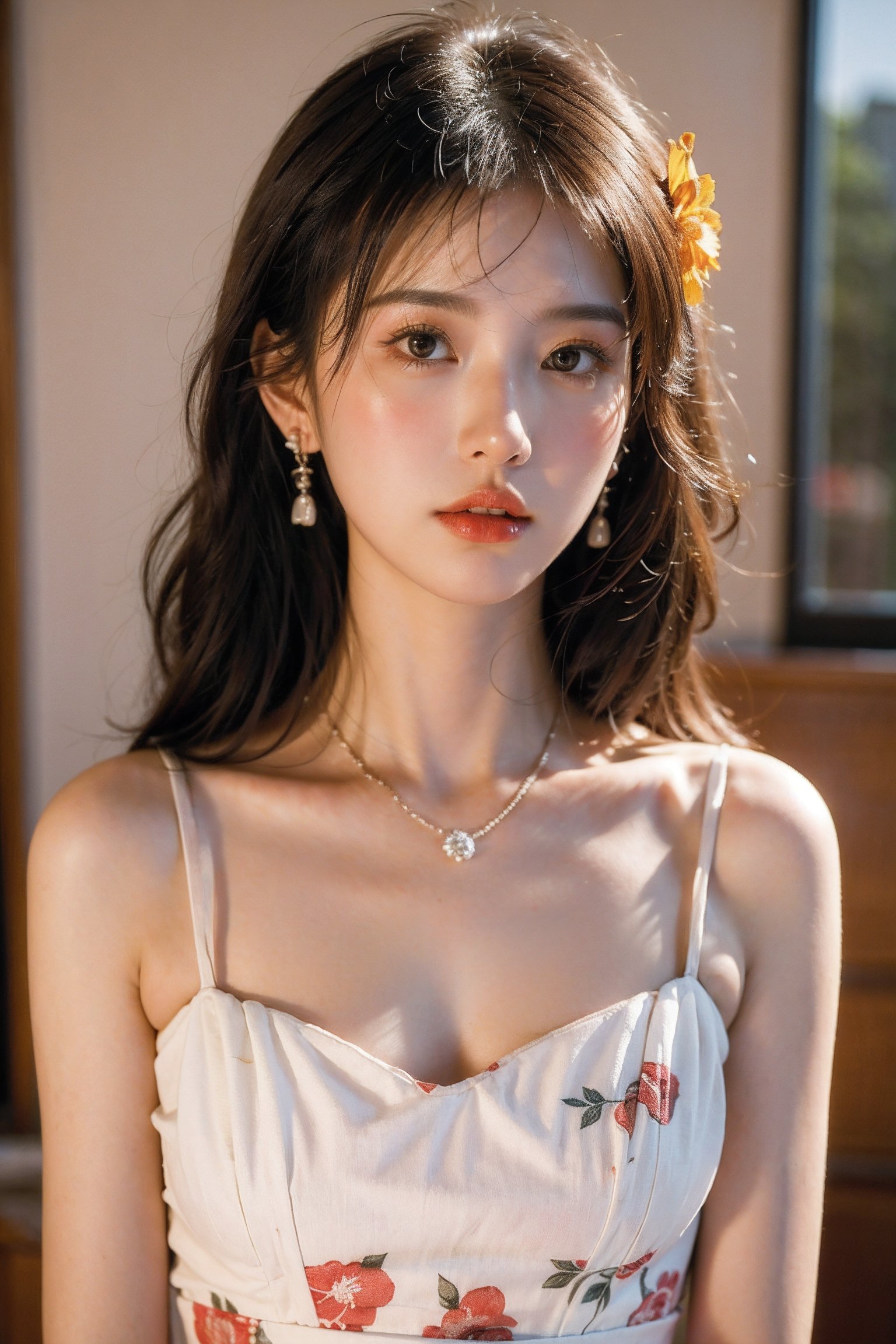 1girl,Kolak_blk,(8k, RAW photo, best quality, masterpiece:1.3),(realistic,photo-realistic:1.37),soft light,extremely beautiful face,an extremely delicate and beautiful girl,depth of field,blurry background,delicate,beautiful,beautiful face,beautiful eyes,beautiful girl,delicate face,delicate girl,8k wallpaper,(best quality:1.12),(detailed:1.12),(intricate:1.12),(ultra-detailed:1.12),(highres:1.12),hyper detailed,ultra-detailed,high resolution illustration,colorful,8k wallpaper,highres,Cinematic light,ray tracing,(8k, RAW photo, best quality, masterpiece, ultra highres, ultra detailed:1.2),(realistic, photo-realistic:),jewelry,ring,solo,necklace,flower,hair ornament,lips,blurry,realistic,grapes,hair flower,curly hair,blurry background,black hair,earrings,breasts,brown hair,red lips,applying_makeup,lipstick,(floral print:1.2),indoors,<lora:Kolak_“巴洛克风“法式复古感人像:0.66>,dress,(white dress:1.1),fluffy hair,cowboy_shot,