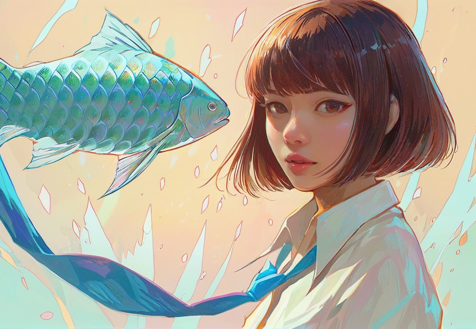 (best quality), ((masterpiece)), (highres), illustration, original, extremely detailed, <lora:少女梦绘卷:0.7>1girl, shirt, solo, collared shirt, white shirt, looking at viewer, blue necktie, necktie, wing collar, fish, nose, parted lips, from side, short hair, bob cut, brown hair, upper body, brown eyes, bangs, looking to the side