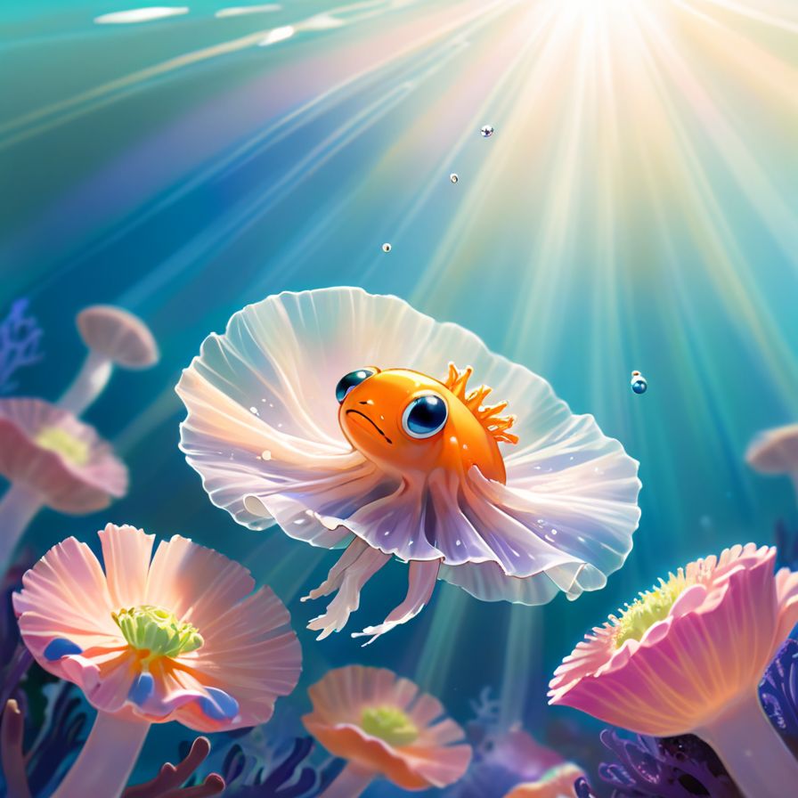 Illustration of a serene underwater scene featuring a delicate,  translucent Clione gracefully swimming amidst colorful,...
