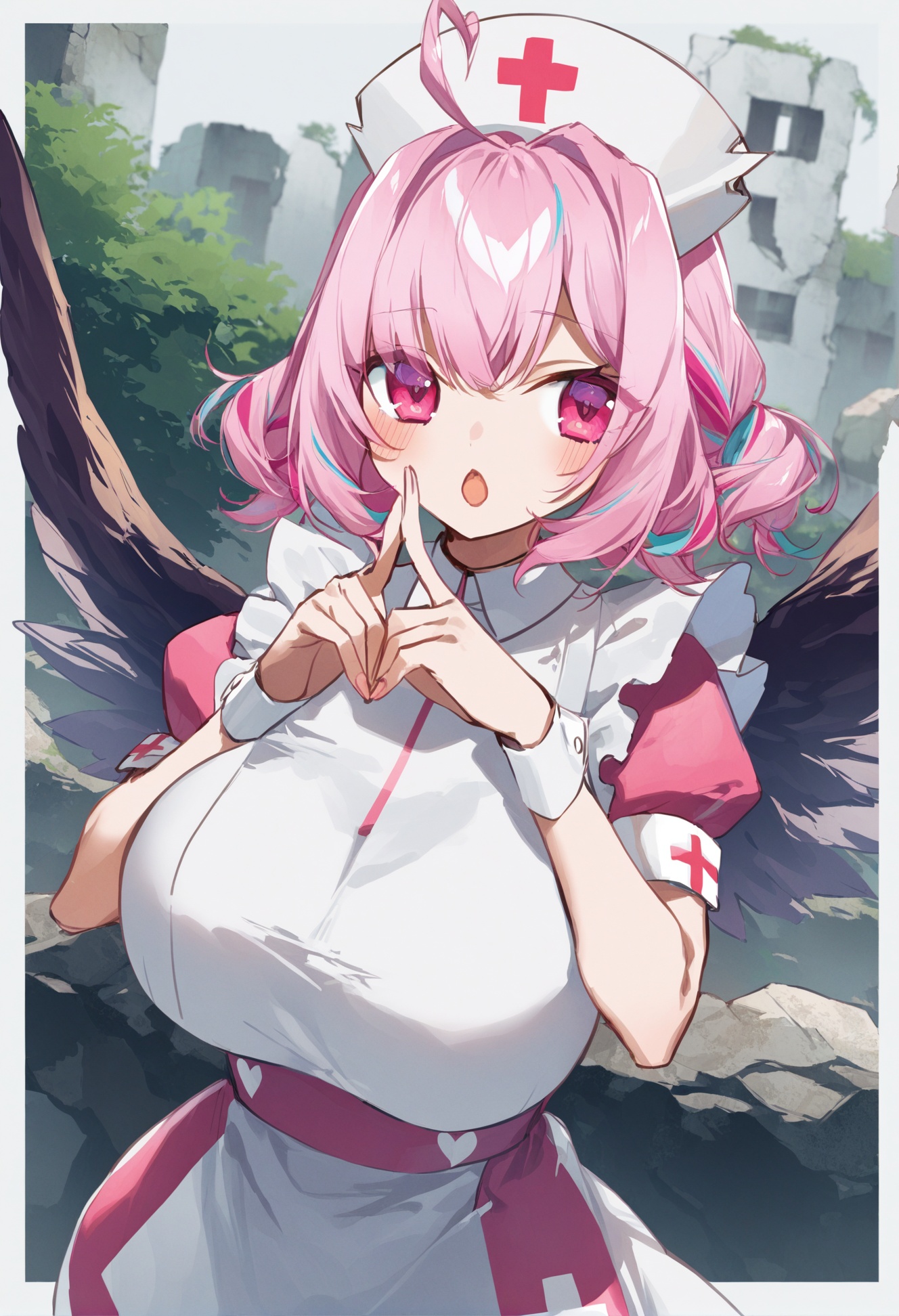 masterpiece, best quality,1girl, solo, yumemi riamu, pink hair, hat, breasts, nurse cap, ahoge, short sleeves, white background, large breasts, apron, multicolored hair, open mouth, wrist cuffs, index fingers together, white apron, simple background, bangs, dress, looking at viewer, wings, two-tone hair, short hair, blue hair, puffy sleeves, blush, pink eyes, puffy short sleeves, hair intakes, heart, upper body, white headwear, hands up, hair between eyes ,scenery, ruins, solo, tree, building, window <lora:potgXLlokr4f-000143:1>