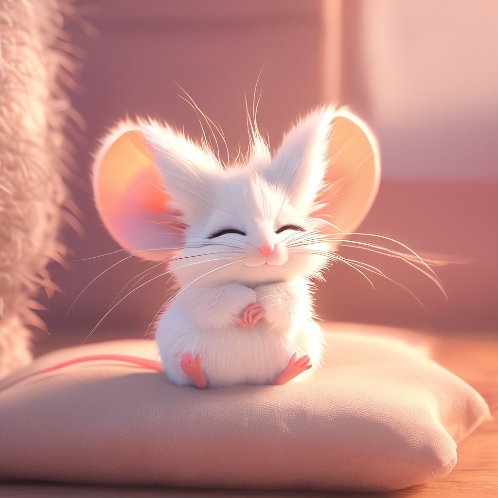 zishu,mouse,^ ^,:3,whiskers,cute,cc-color-correction,mf-movie-filter,warm colors,whimsy and dramatic lighting,white fur,big mouse ears,no humans,fluffy,mouse focus,closed eyes,blurry,facing viewer,solo,blurry background,smile,realistic,closed mouth,sitting,depth of field,full body,<lora:zishu_xl:0.8>,