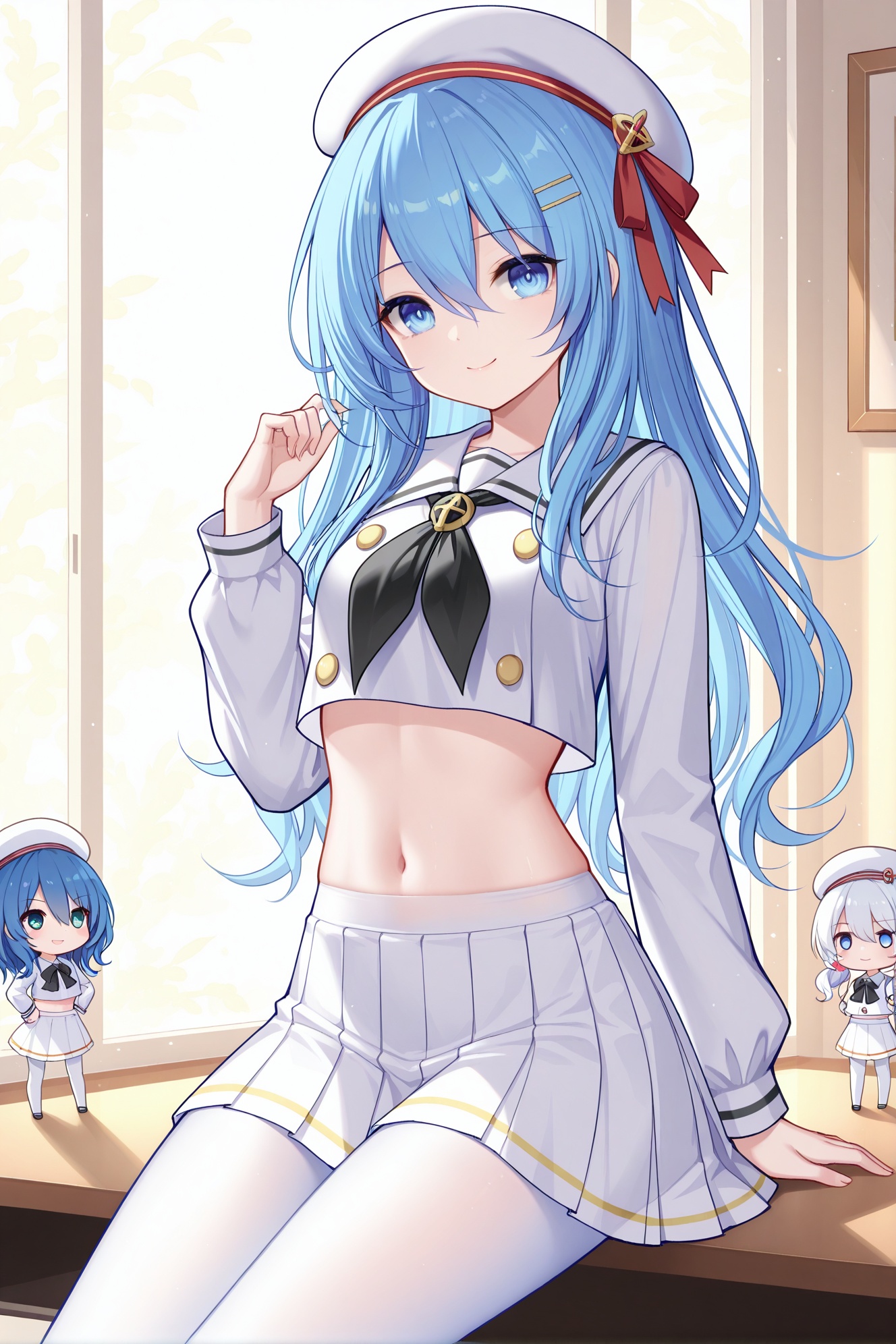 masterpiece, best quality, newest, absurdres, highres,(quan \(kurisu tina\):0.6, ),(chen bin:0.5),(rimuu:0.5),(mignon:0.5),(sheya:0.5),,petite pretty little girl, himekawa yoshino(serei), 1girl, blue hair, blue eyes,long hair, hairclip,smile, janus(school),,school uniform, white serafuku,  white skirt, crop top, long sleeves,beret,neckerchief,white pantyhose, <lora:yzzbht——【Illustrious】hans:0.6>,<lora:YoshinoXLNAI:1>,<lora:Janus(Uniform)XLNAI:1>