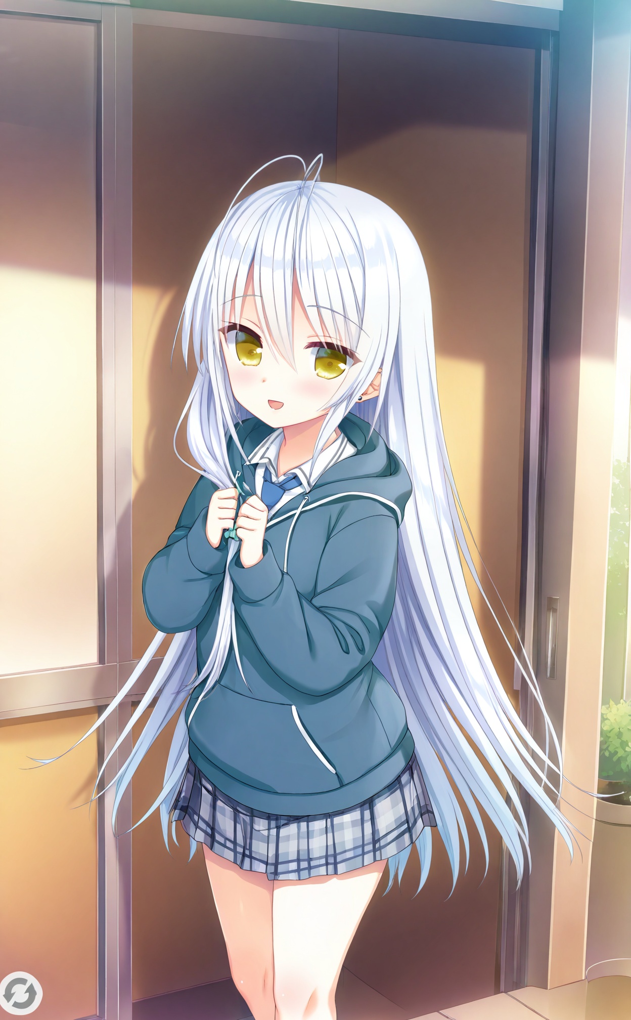 masterpiece,highres,absurdres,newest,best quality,loli,petite,high quality,chromatic_aberration,//,umino_miyako, 1girl, long_hair, solo, skirt, plaid, white_hair, grey_skirt, pleated_skirt, plaid_skirt, necktie, hood, shirt, yellow_eyes, smile, white_shirt, very_long_hair, open_mouth, miniskirt, blue_necktie, looking_at_viewer, hair_between_eyes, standing, hood_down, collared_shirt, long_sleeves, :d, school_uniform, jacket, feet_out_of_frame, green_eyes, antenna_hair, hooded_sweater, scrunchie, diagonal-striped_clothes//,<lora:umino_miyako——【noob】hans:1>,