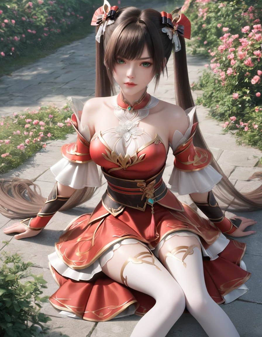 score_9,score_8_up,score_7_up,score_6_up,score_5_up,score_4_up,1girl,long hair,breast,medium breast,earrings,hair_ornament,dress,<lora:wy_chuyu_XL5.0:0.8>,thighhighs,twintails,breasts,brown hair,red dress,white thighhighs,detached sleeves,black hair,bare shoulders,bangs,gloves,green eyes,outdoors,gaden,the ground is full of flowers,
