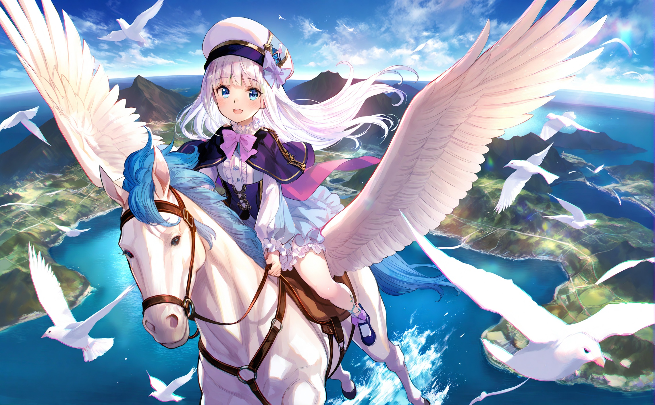 masterpiece,highres,absurdres,newest,best quality,loli,petite,high quality,chromatic_aberration,shiny_skin,//,1girl, outdoors, bird, day, riding, long hair, sky, cloud, pegasus, blue eyes, flying, white hair, smile, blue sky, animal, river, hat, horseback riding, very long hair, solo, wings, horse, feathers, scenery, open mouth, white headwear, bow, frills, feathered wings, ocean, water, purple bow, reins, dove, horizon, looking at viewer, floating hair, capelet, puffy sleeves, mountain, holding, long sleeves<lora:12.23:1>