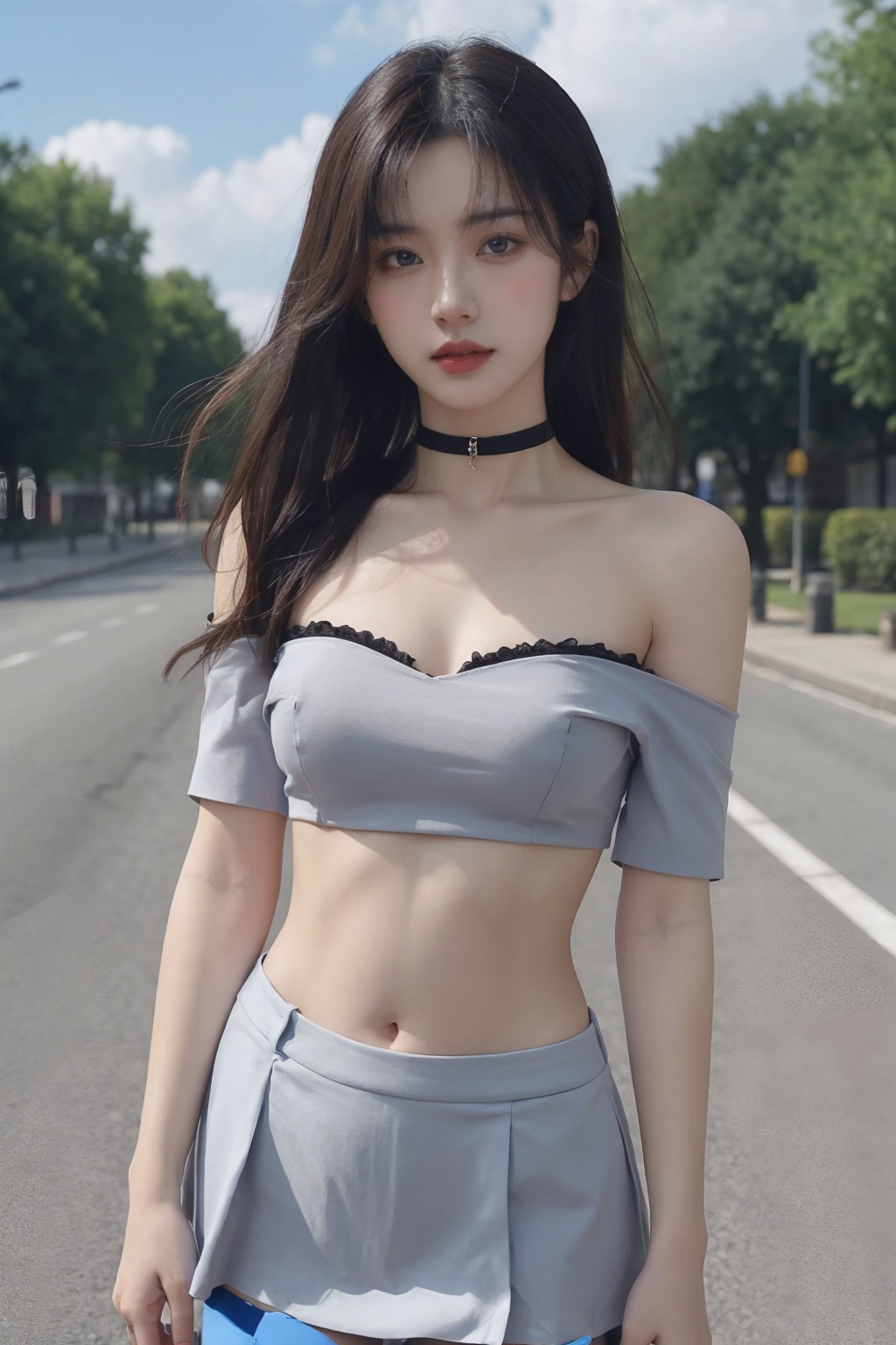 1girl, bandeau, bare shoulders, black choker, blue sky, breasts, choker, cleavage, collarbone, cowboy shot, crop top, day, facial mark, forehead mark, garter straps, grey eyes, jewelry, lips, long hair, looking at viewer, medium breasts, midriff, miniskirt, navel, off shoulder, outdoors, skirt, sky, solo, standing, stomach, thighhighs