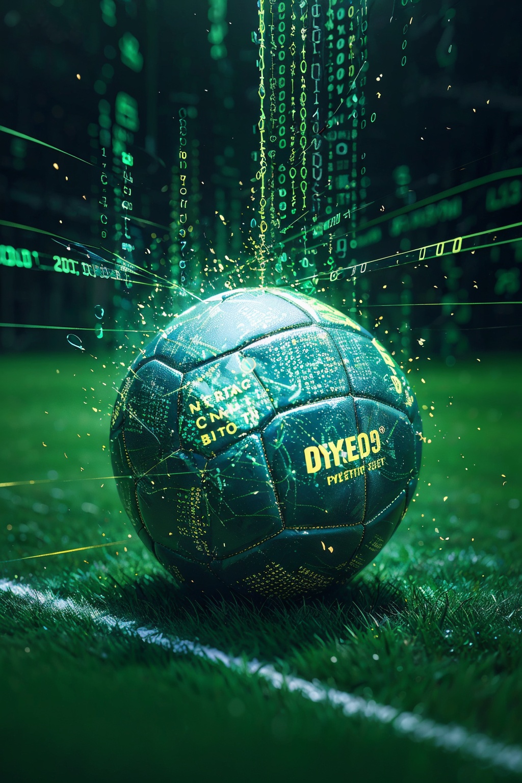 sdmai,Data streams,abstract art,binary code,cyberspace,Green theme,A football<lora:SDMAI数字抽象线性艺术:0.75>,