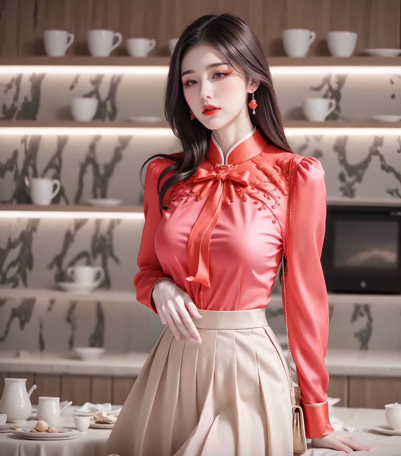 1girl,jewelry,red_lips_,water red lips,drop earrings,eye makeup,black hair,(solo:1.4),plump breasts,light particles,sparkle,glowing,full breasts,<lora:绝世佳人1.2:0.8>,pleated skirt,red shirt,