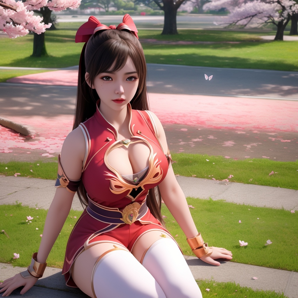 <lora:799-DA-神墓-楚钰:0.8>, (,1girl, ,best quality, ),,  ultra realistic 8k cg,ultra detailed 8k cg,masterpiece,upper body,  (( , )),, ,science fiction,mole, ,    ,outdoors, sun,sunlight, cherry blossoms,      (cleavage),,  (), butterfly,(sit),