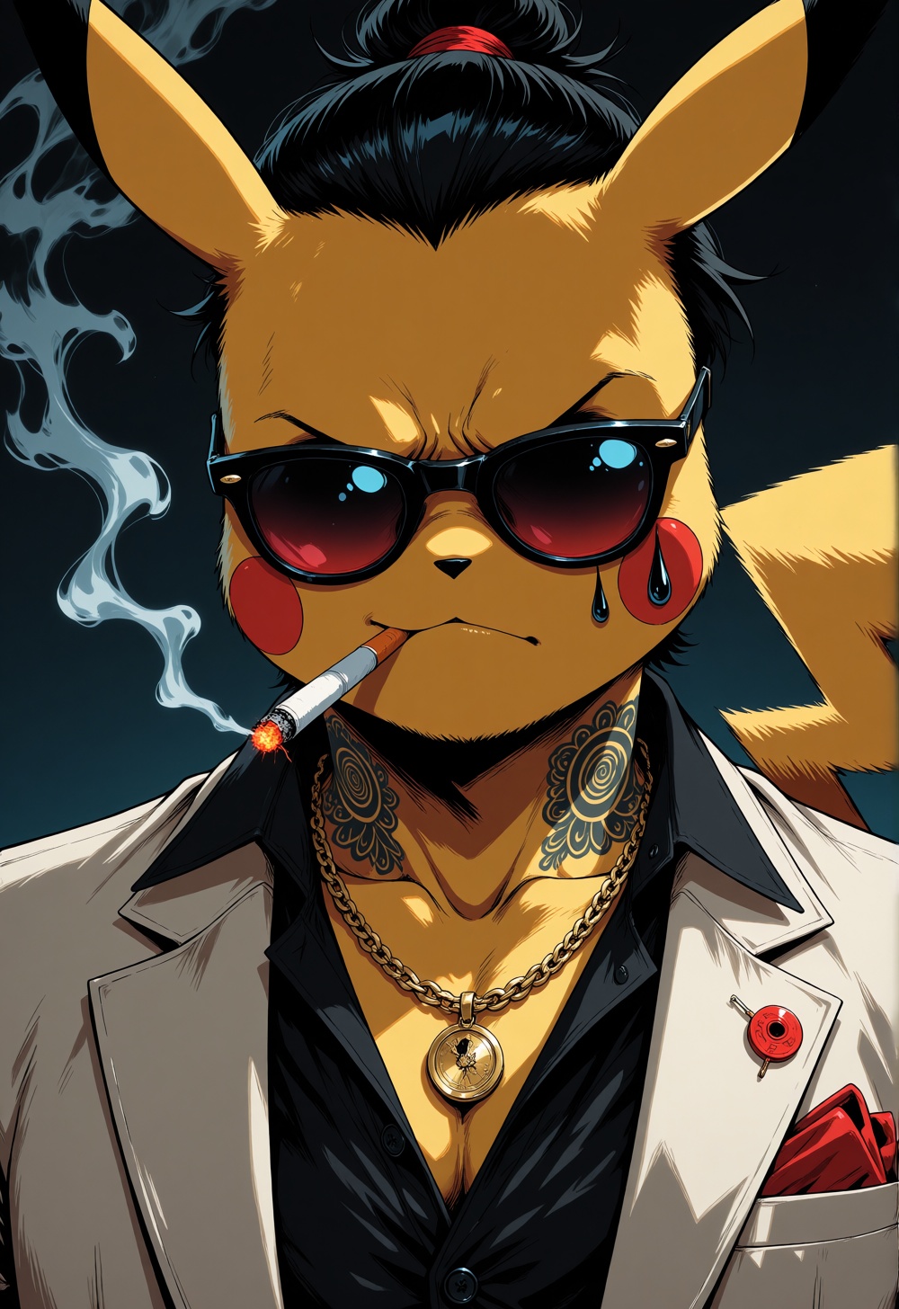 A close-up shot of a Pikachu (pokemon),  he wears an elegant white suit as a yakuza member and a gold necklace stylish sun...