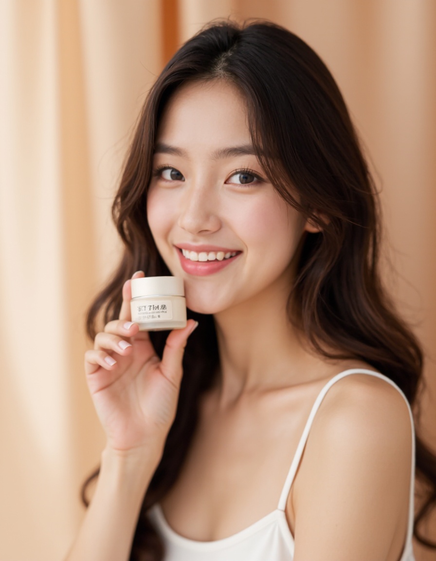 Close-up view of a young woman with long,dark brown hair that cascades over her shoulders, Here's a breakdown of the image,The Woman, She has fair skin and is smiling gently, Her expression is pleasant and natural, She is holding a small,light-colored jar of cream or lotion near her chin,suggesting a beauty or skincare product advertisement. She's wearing a simple,white,spaghetti-strap camisole or slip dress, The Product: The jar is primarily white or light beige with minimal text visible in a dark,possibly Asian language script, The product packaging looks sleek and minimalist, The Background, The backdrop is a soft, blurred, light beige or peach color, creating a serene and elegant atmosphere, The texture suggests a fabric or silk-like material, The background is out of focus,drawing attention to the woman and the product, Lighting, The lighting is soft and diffused,minimizing harsh shadows and enhancing the overall smooth and polished look,The overall impression is one of elegance, simplicity, and calm, characteristic of many beauty product advertisements, The image is high-quality and professionally shot,