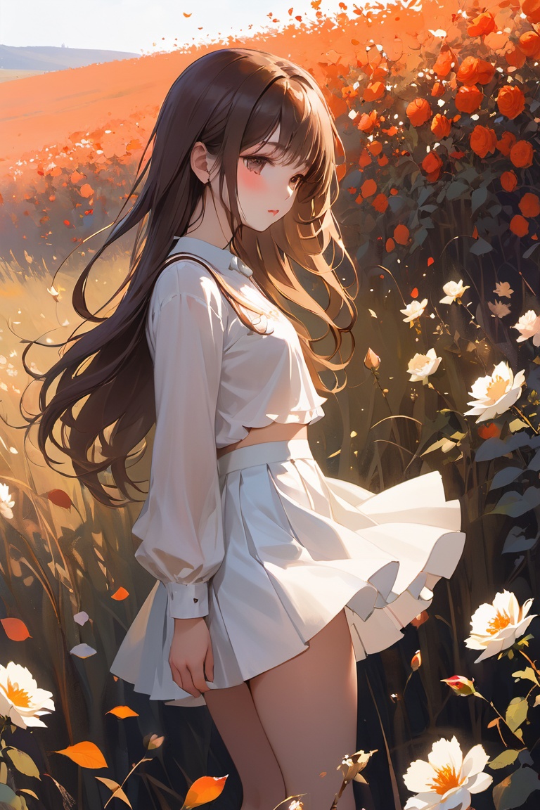A melancholic autumn scene in a vast flower field,  a gentle breeze rustling through the dry grass,  fallen leaves scatter...