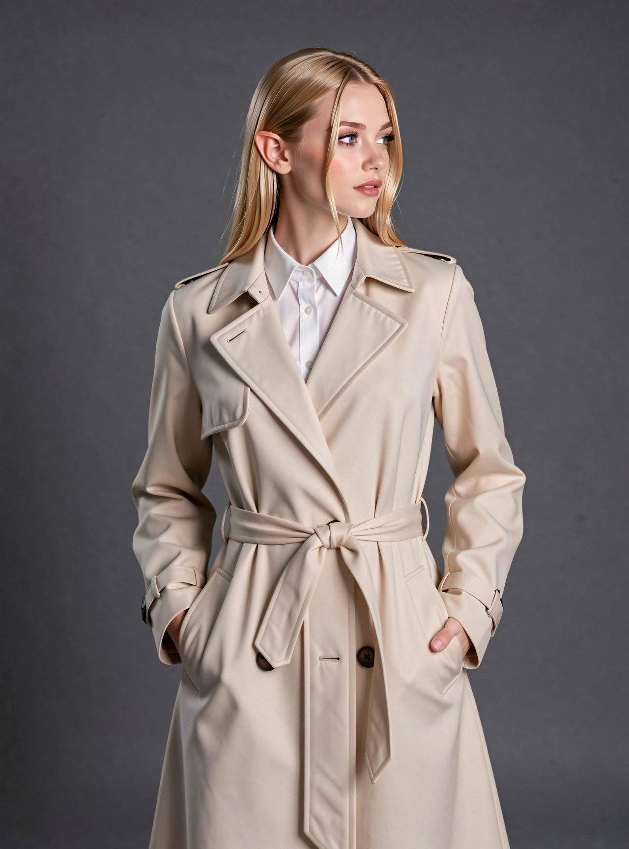d4n3lfmedium shot,  photo of a young woman,  Cream-colored trench coat tied at the waist on Tensor.Art