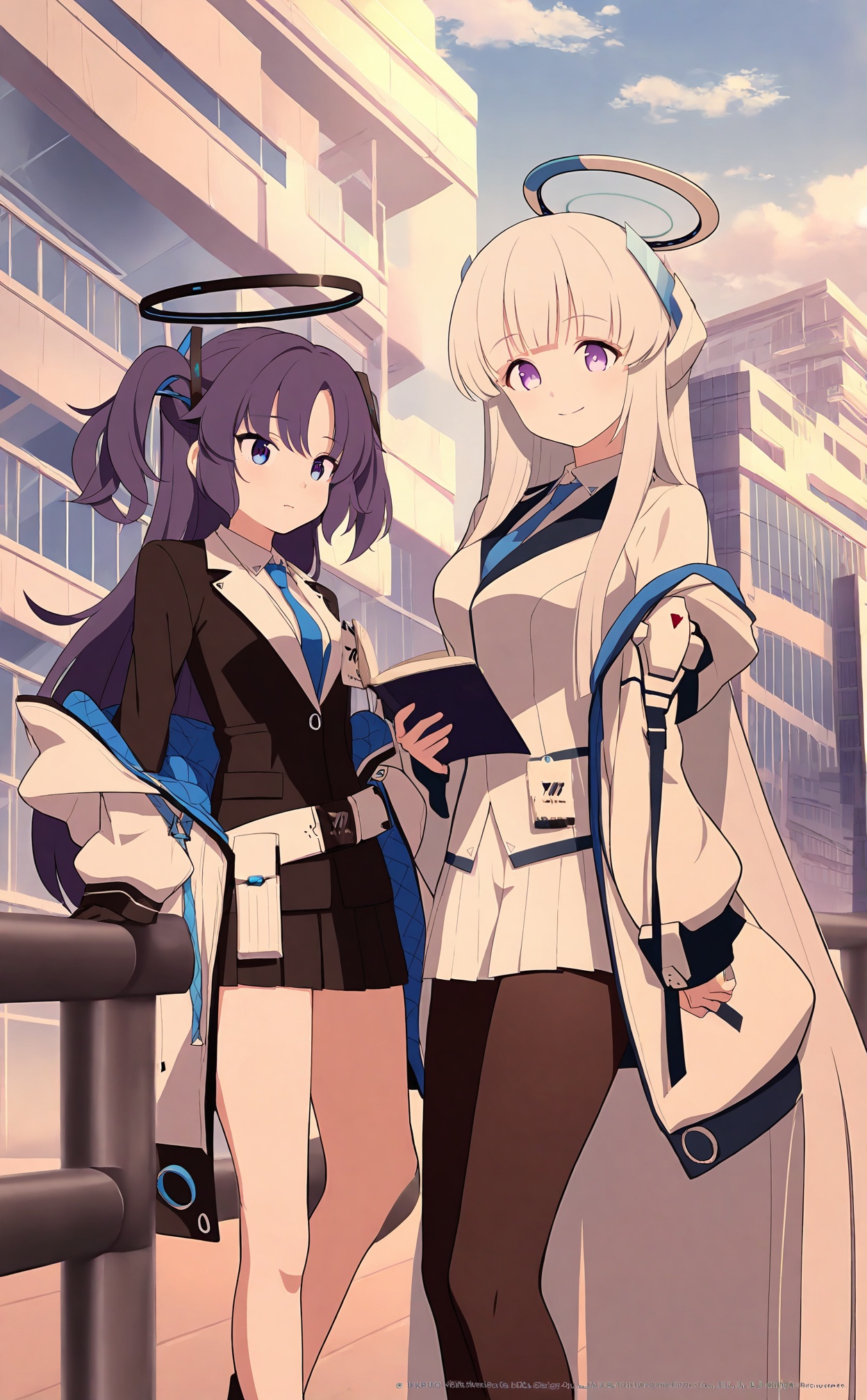 masterpiece,best quality,high quality,noa_\(blue_archive\),mechanical_halo,multiple_girls,2girls,yuuka_\(blue_archive\),halo,necktie,jacket,skirt,purple_eyes,shirt,long_hair,outdoors,two-sided_jacket,blue_necktie,holding_book,white_jacket,two_side_up,pantyhose,sky,collared_shirt,white_shirt,holding,book,two-sided_fabric,cloud,building,white_skirt,black_pantyhose,purple_hair,suit,white_belt,grey_hair,railing,long_sleeves,pleated_skirt,against_railing,closed_mouth,cloudy_sky,open_clothes,jacket_partially_removed,parted_bangs,white_hair,very_long_hair,black_skirt,open_jacket,id_card,formal,belt,miniskirt,blazer,leaning_on_object,open_book,white_suit,off_shoulder,black_gloves,day,gloves,smile,leaning,standing,blue_sky,sunlight,//,<lora:BA——【noob】hans:1>,