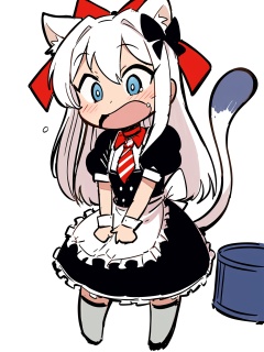 masterpiece, best quality, <lora:style05-xl:1>,chibi,1girl, solo, animal ears, cat ears, american flag print, hammann (azur lane), long hair, american flag, bow, flag print, puffy short sleeves, print necktie, puffy sleeves, chibi, short sleeves, tail, open mouth, apron, blue eyes, cat tail, blush, wrist cuffs, white background, dress, very long hair, hair bow, bangs, white apron, white hair, black dress, red bow, full body, waist apron, simple background, one side up, hair between eyes, necktie, standing, fang, looking at viewer, thighhighs, frills, wavy mouth, frilled apron, cat girl, grey footwear, boots, animal ear fluff, choker, red choker, bow choker, black thighhighs, frilled dress, bowtie, striped, black bow, v arms, sidelocks