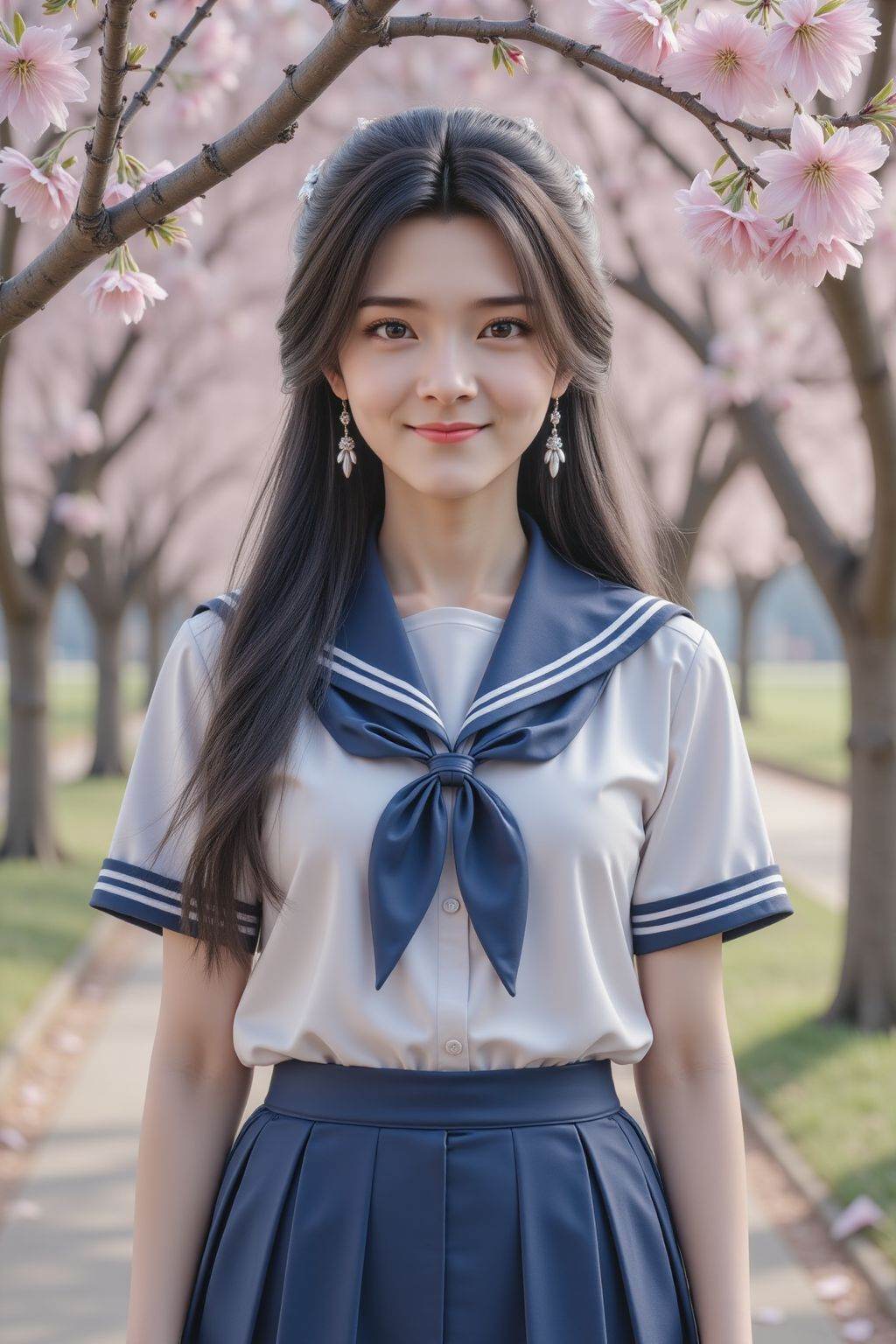 HDR photo of cinematic film still, young girl,school uniform,blue skirt,smile,solo,long hair,looking at viewer,peach tree,peach blossom,petals,closed mouth, <lora:20251026_TinFlux1_5_Epoch10:1>