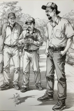 ((HRD, HUD, 8K)),((masterpiece, best quality)), highly detailed, soft light,Sketching - MultipleCharacters, monochrome, greyscale, bag, multiple boys, hat, facial hair, pants, holding, male focus, shirt, shoes, traditional media, beard, belt, collared shirt, standing, mustache, outdoors, baseball cap, looking at another, gun, <lora:20240412-1712917031577:0.8>