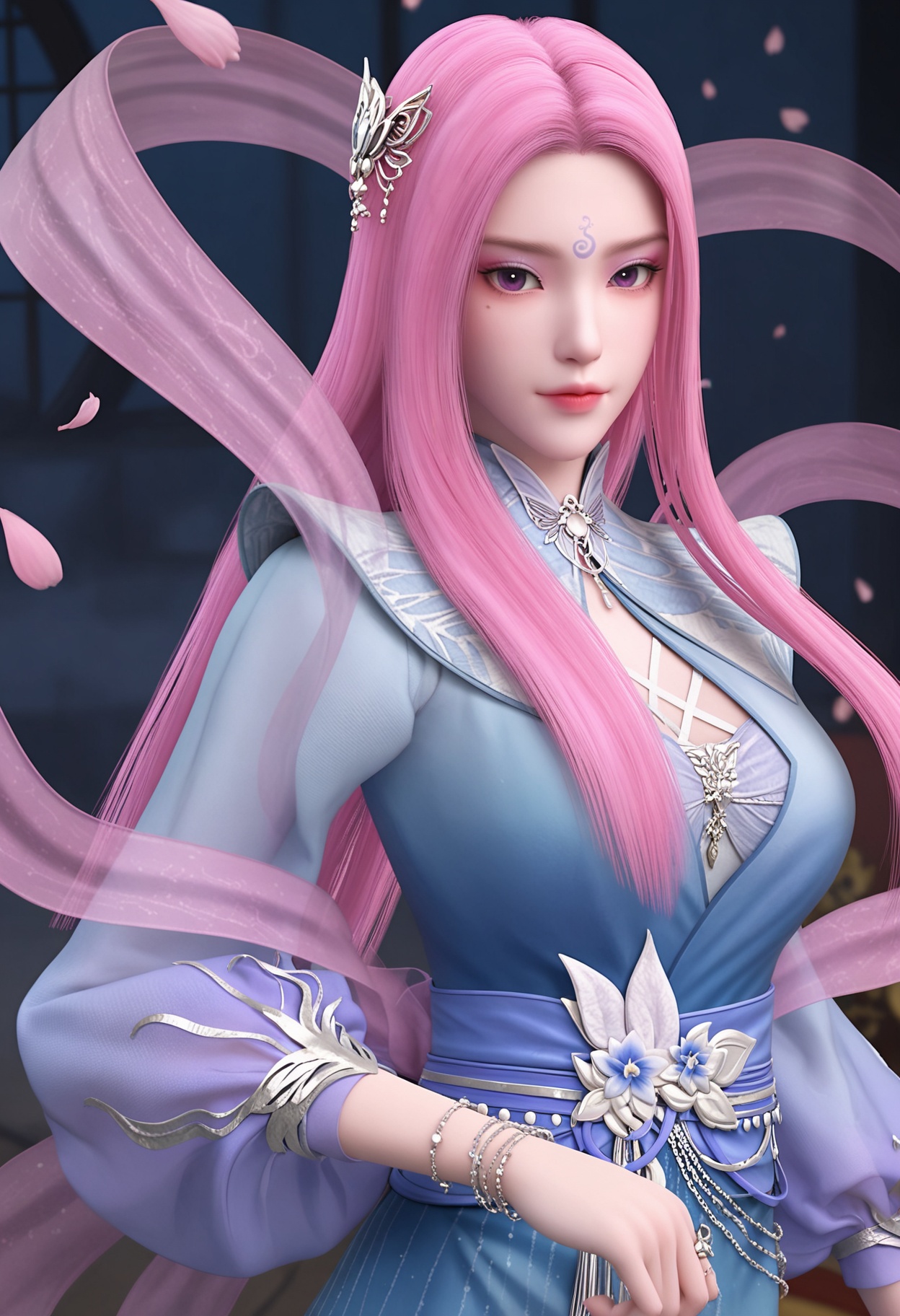 (upper_body:1.2),looking at viewer:1.1,masterpiece,(best quality),smog,Dark room,dim lighting,peach blossom,falling petals,<lora:YQ_Illustrious光辉v5_玄月_V1:0.8>,q1528437228,1girl,long hair,pink hair,solo,forehead mark,dress,hair ornament,blue dress,jewelry,sash,purple eyes,bracelet,pink eyes,shawl,long sleeves,hagoromo,