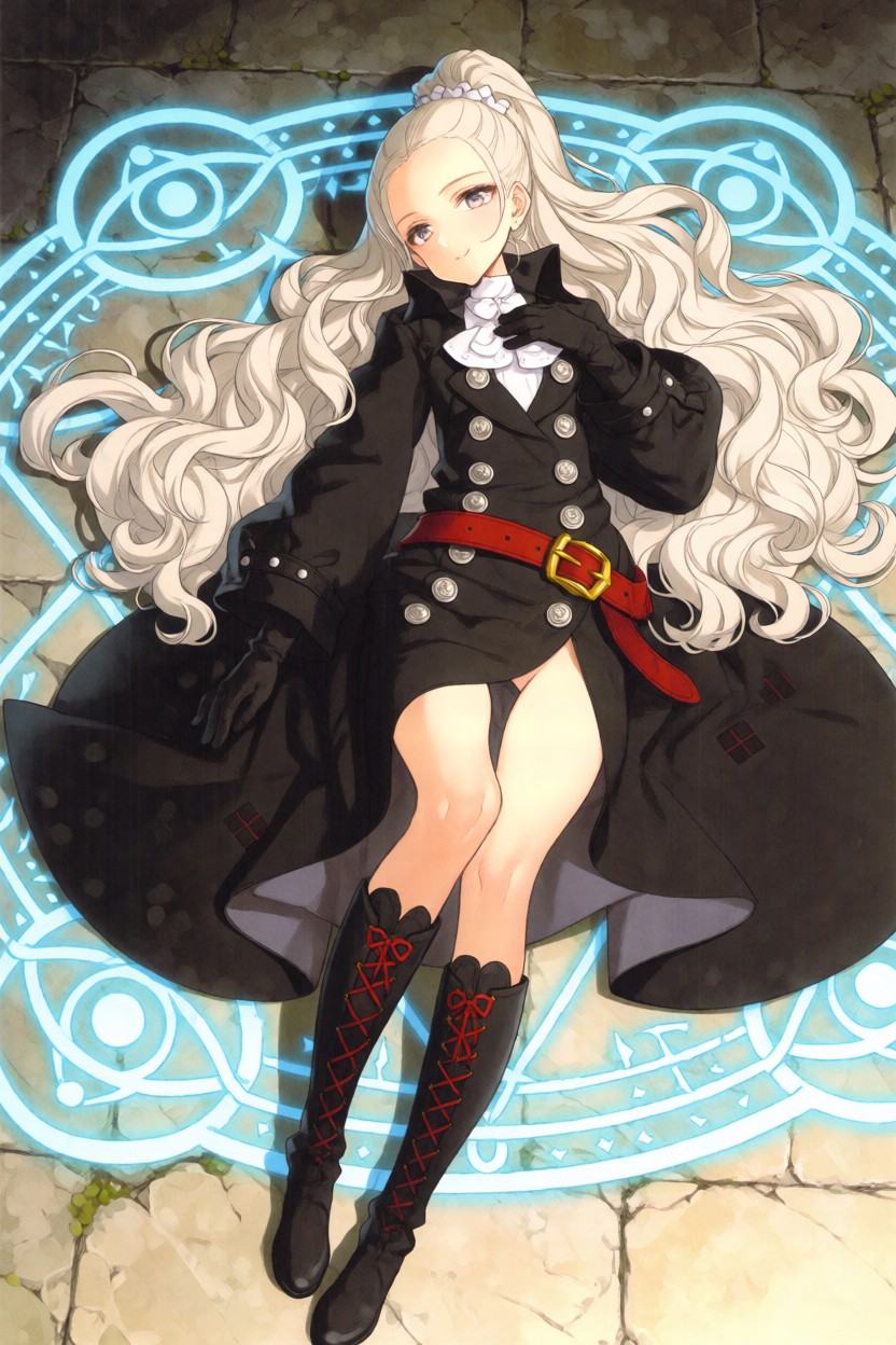 Full body anime concept art of Amoretta Virgine from GrimGrimoire. A young woman with very long,  wavy platinum blonde hai...