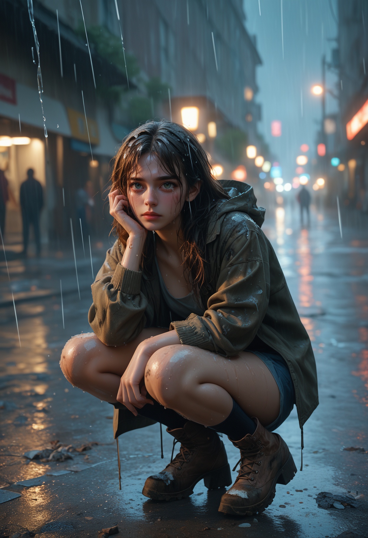 1girl,  heavy rain,  dirty streets on Tensor.Art
